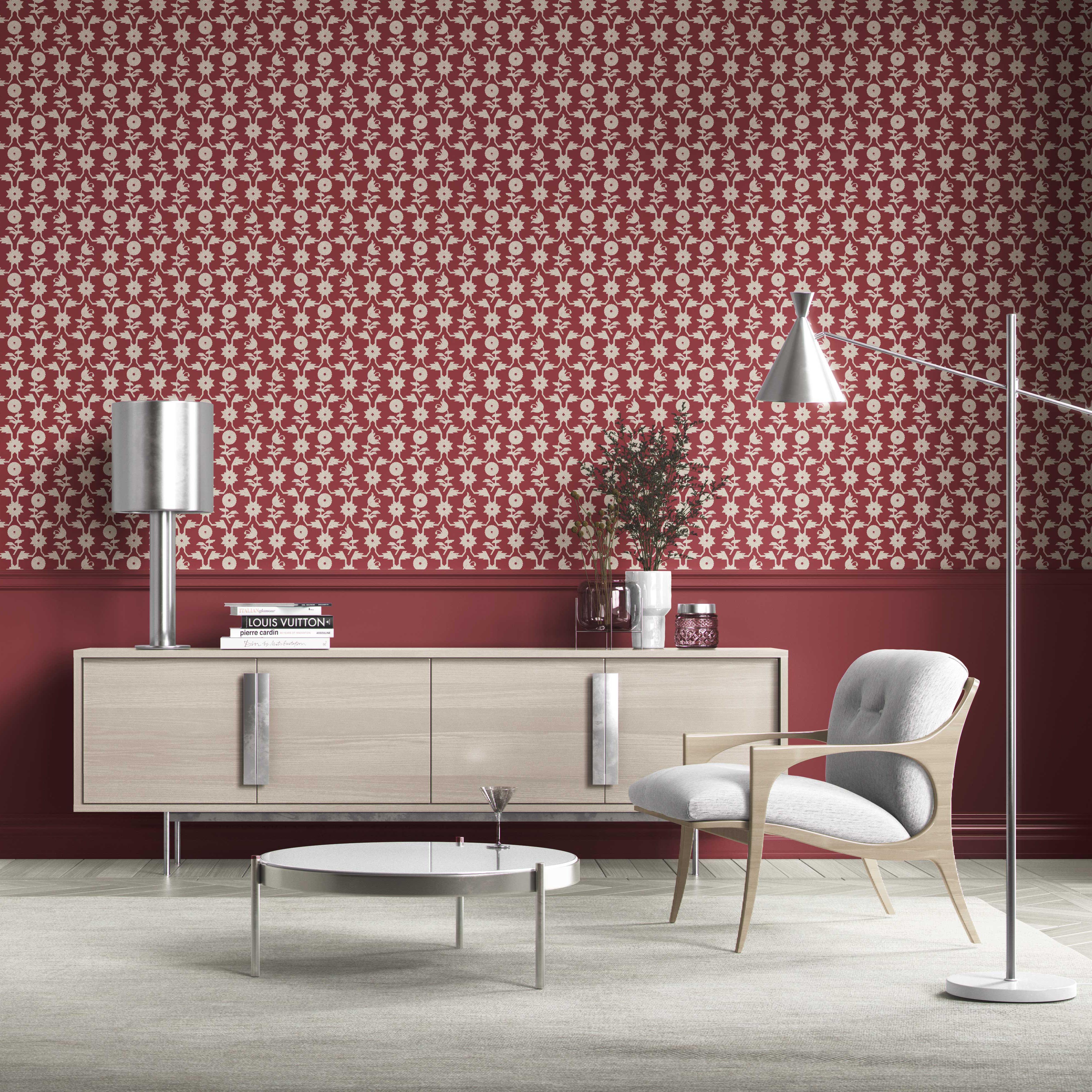 Modern Floral Botanical Kitchen Wallpaper Sample (Deep Red/ Off-White)