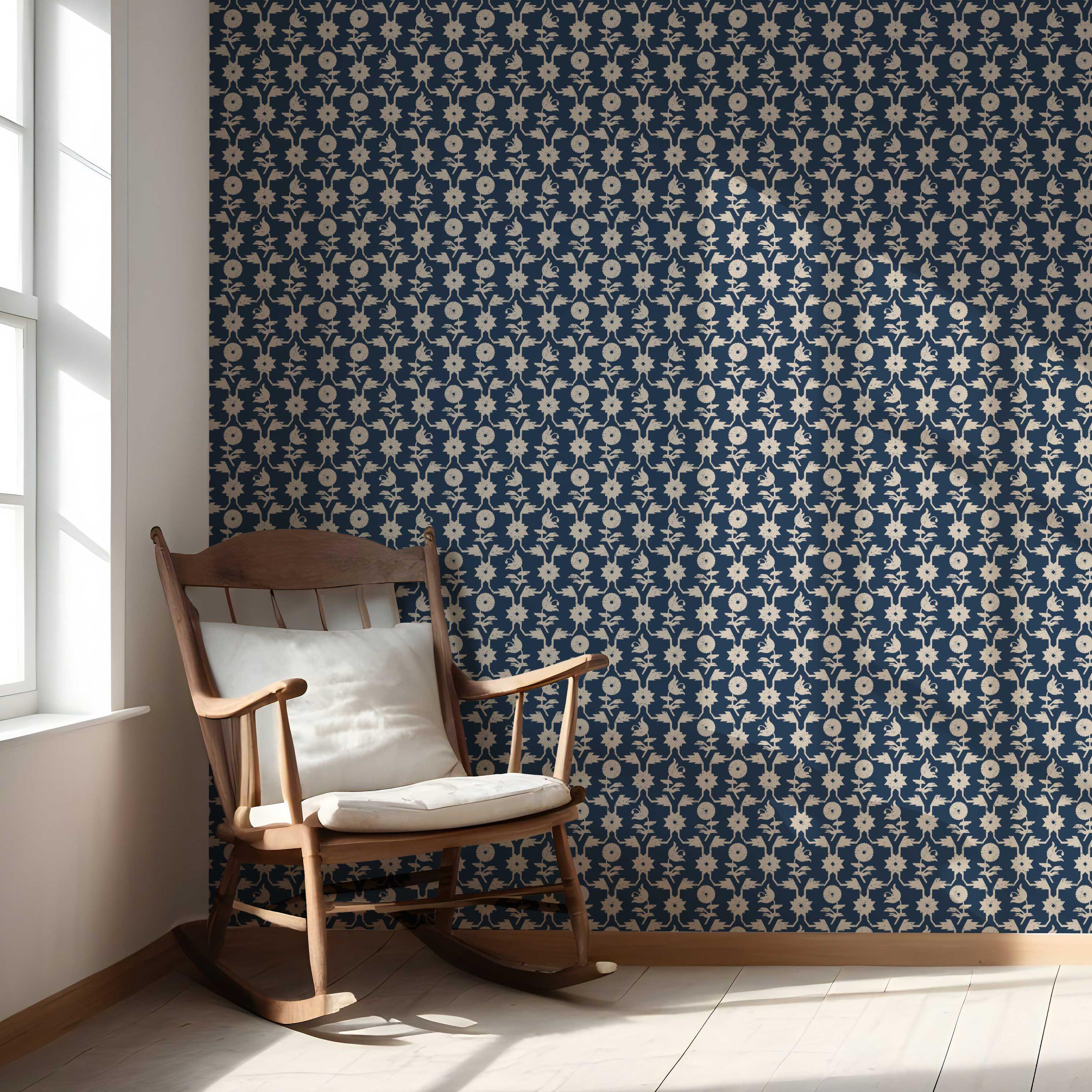 Modern Floral Botanical Nursery Wallpaper (Navy Blue/ Beige)