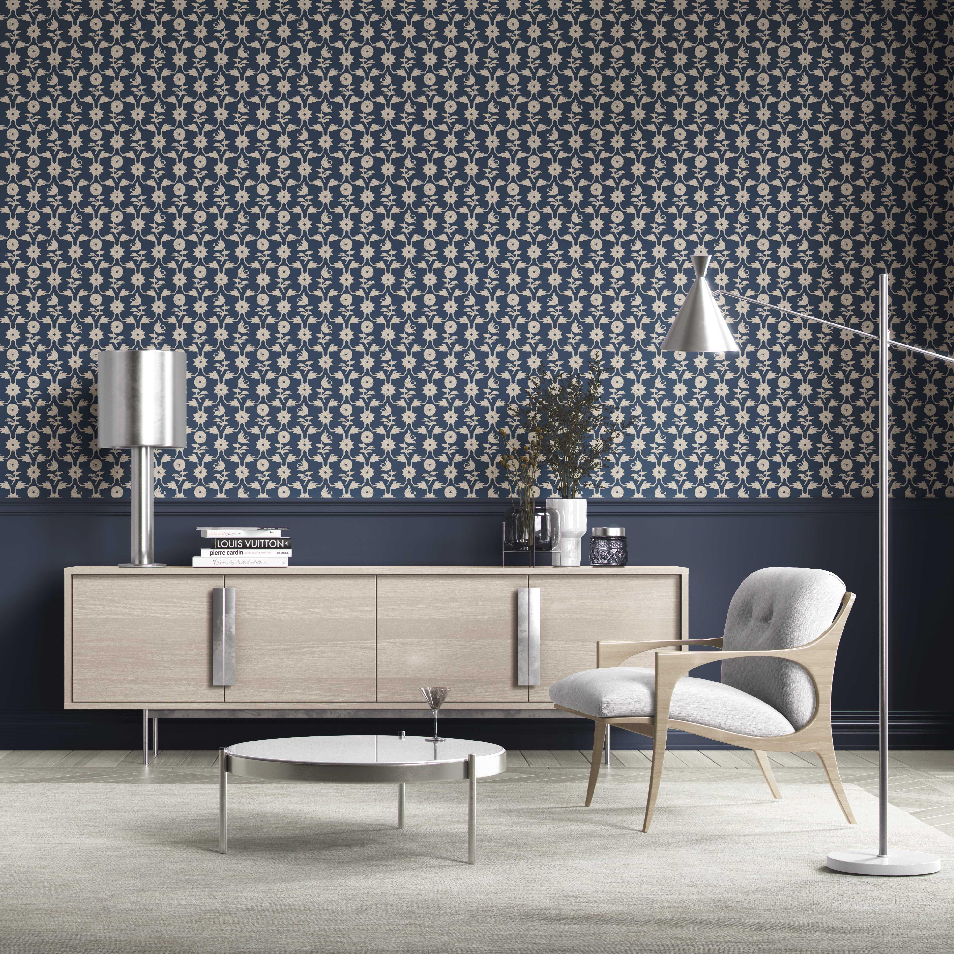 Modern Floral Botanical Kitchen Wallpaper Sample (Navy Blue/ Beige)