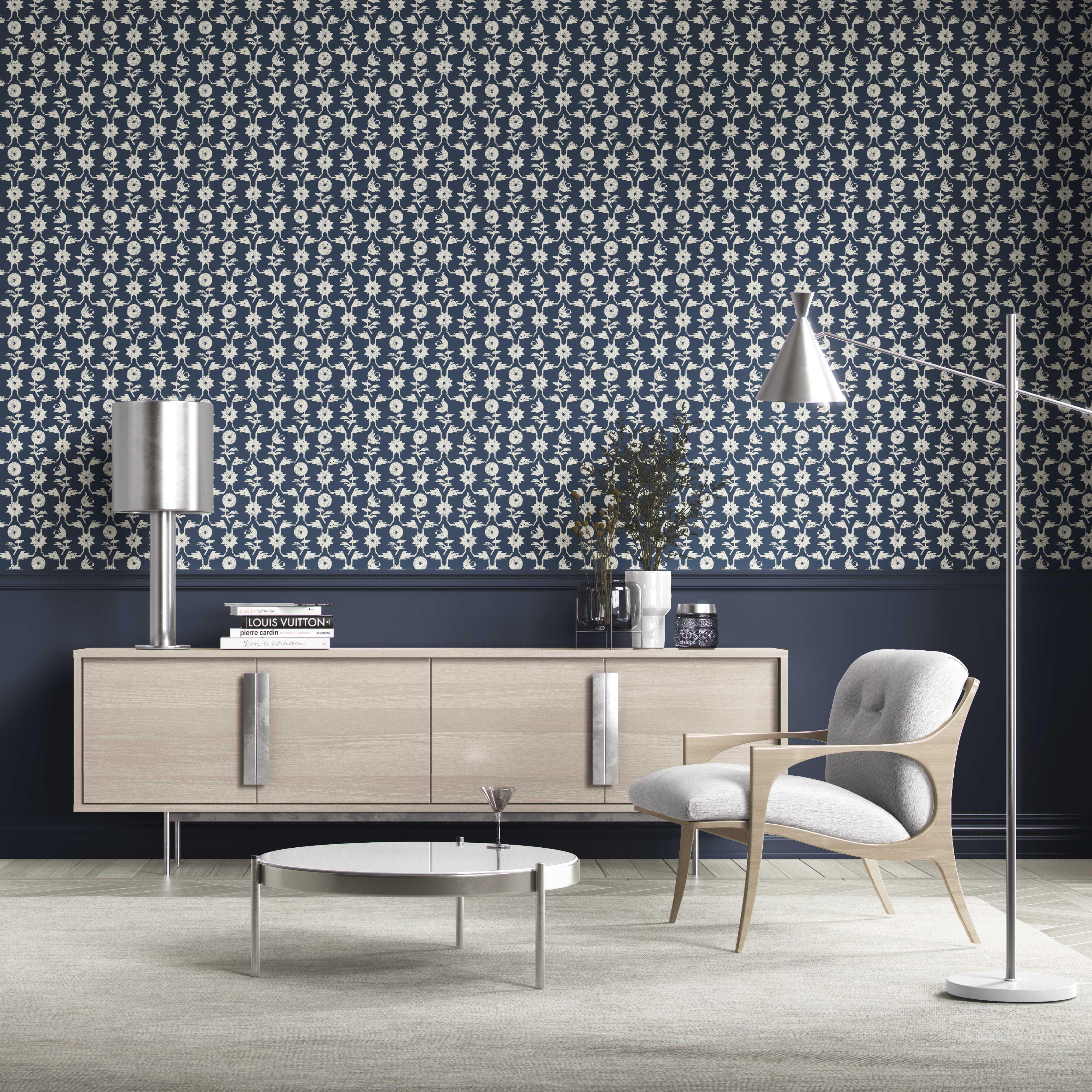 Modern Floral Botanical Kitchen Wallpaper (Navy Blue/ White)
