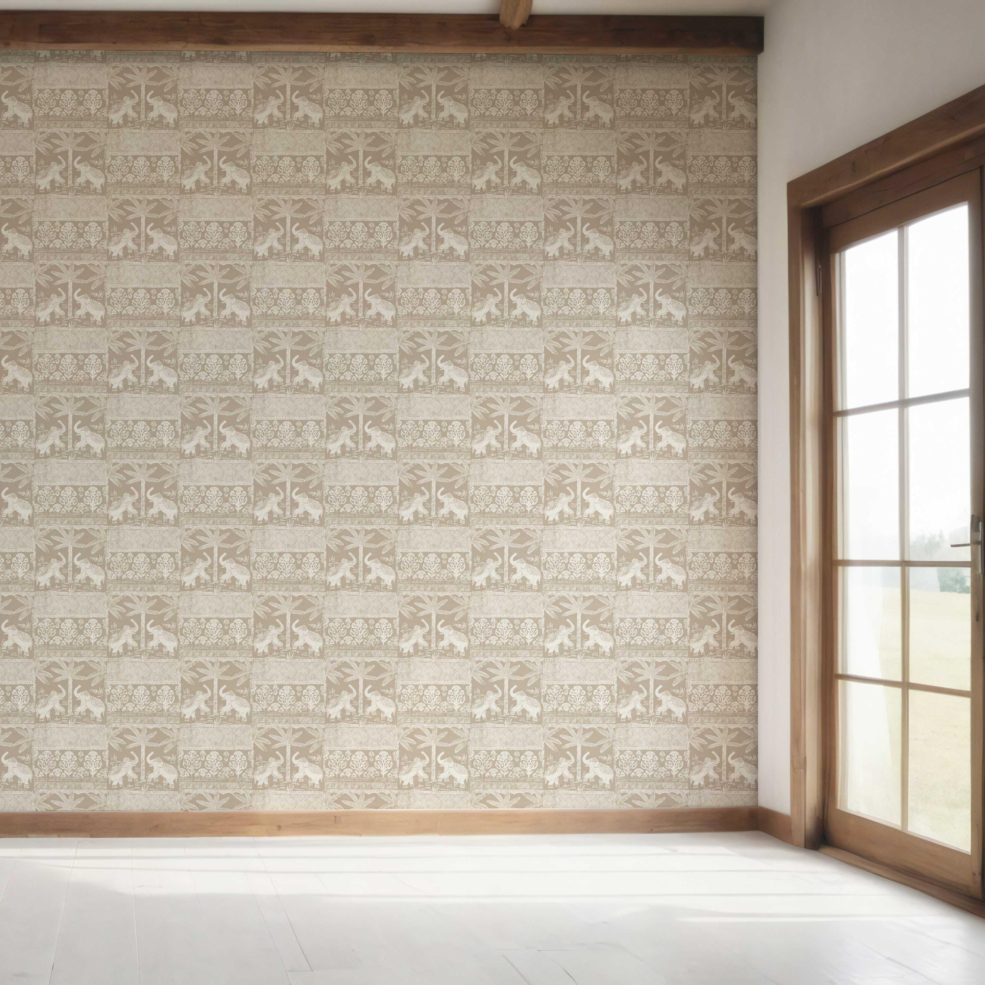 Ethnic/ Heritage Elephants & Animals Print Bedroom Wallpaper (Beige/ Brown/ White)