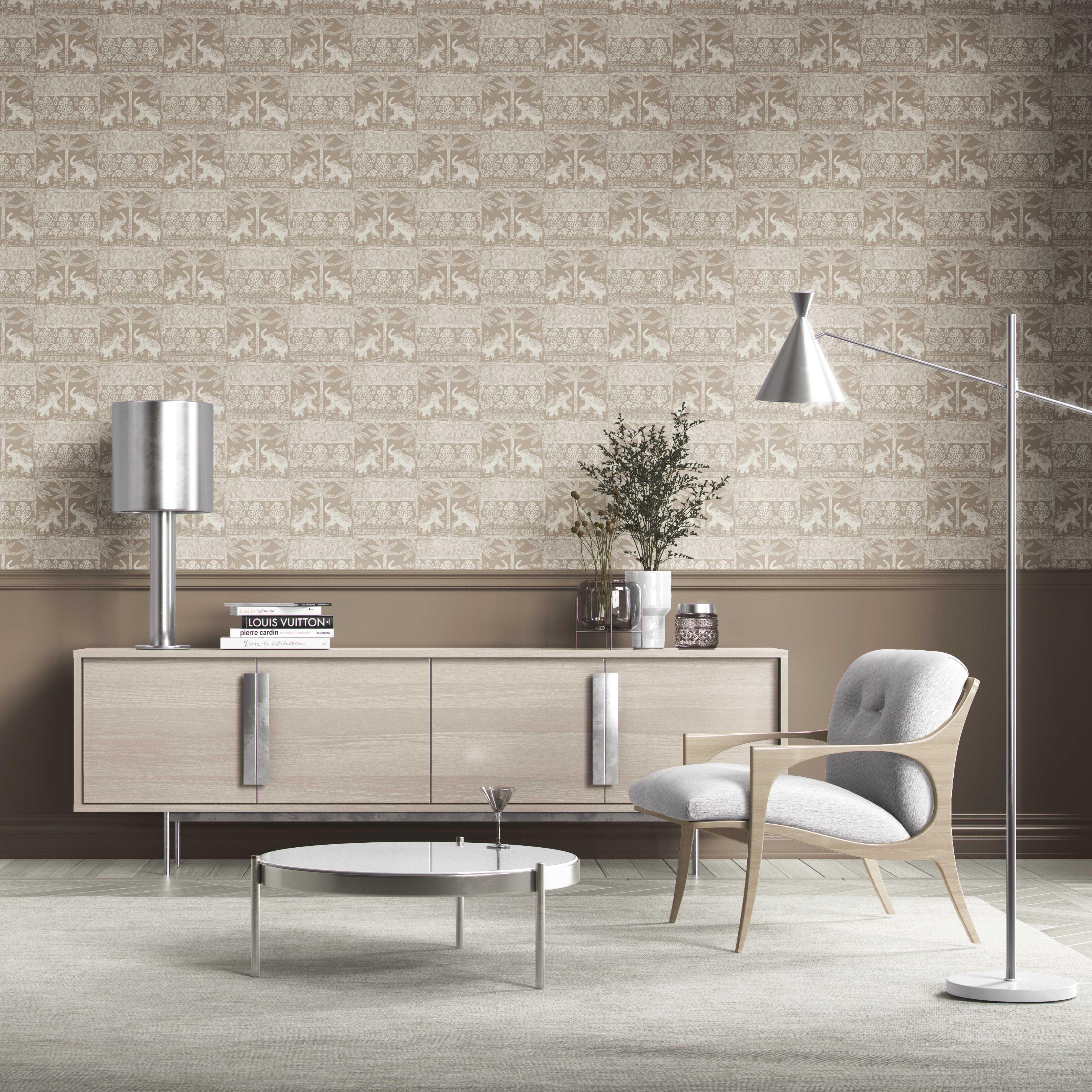 Ethnic/ Heritage Elephants & Animals Print Kitchen Wallpaper (Beige/ Brown/ White)