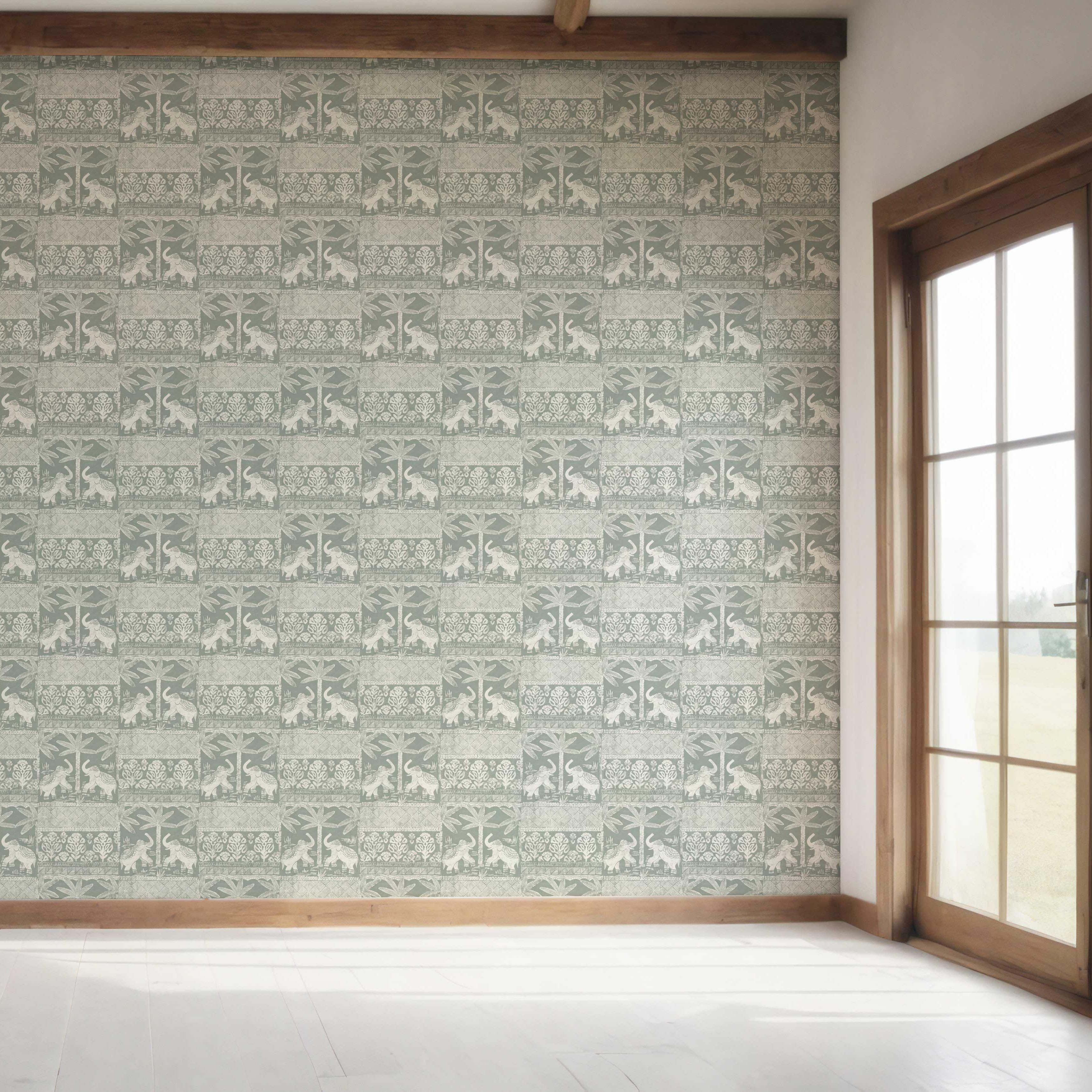 Ethnic/ Heritage Elephants & Animals Print Bedroom Wallpaper Sample (Green-Gray/ White)