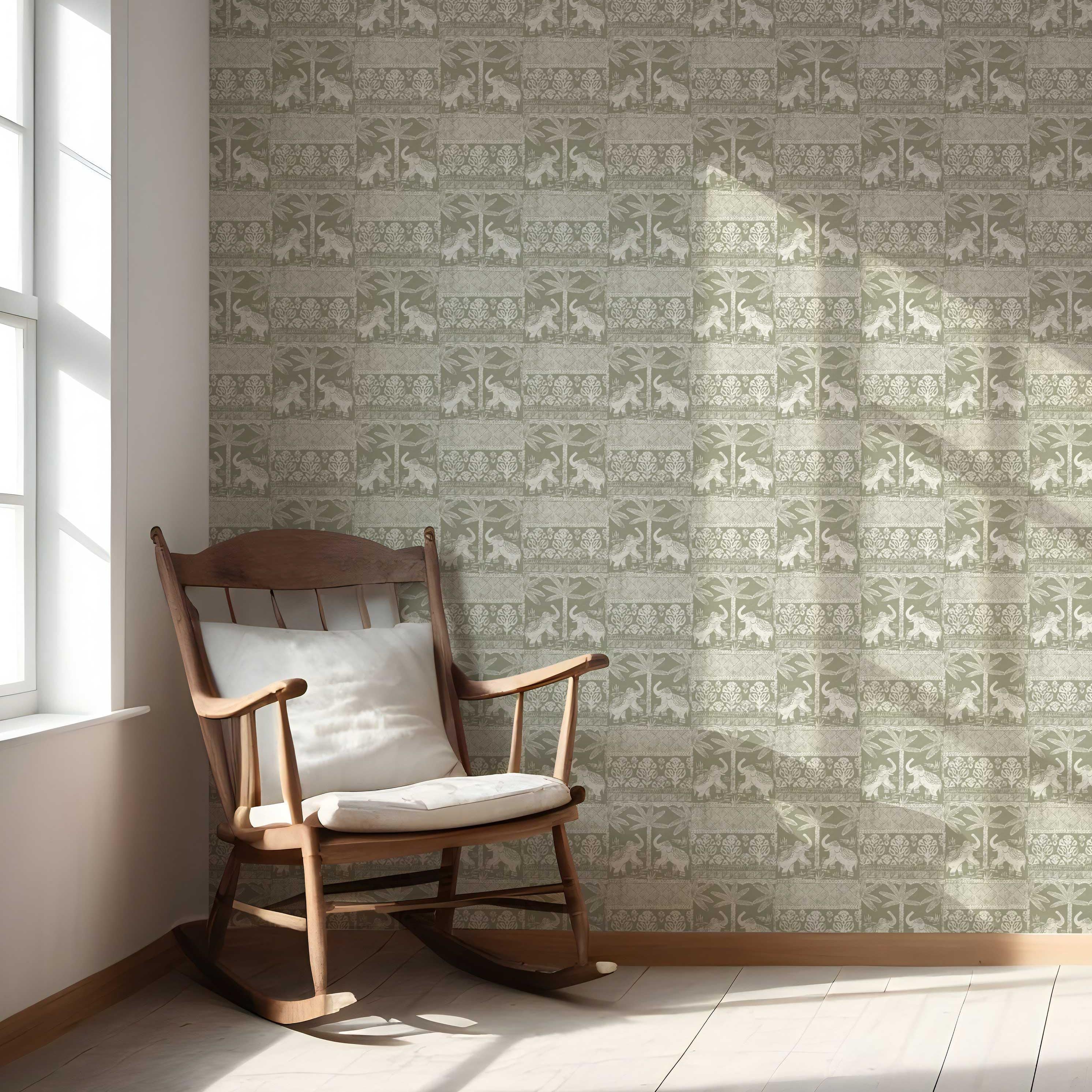 Ethnic/ Heritage Elephants & Animals Print Nursery Wallpaper Sample (Olive Green/ White)