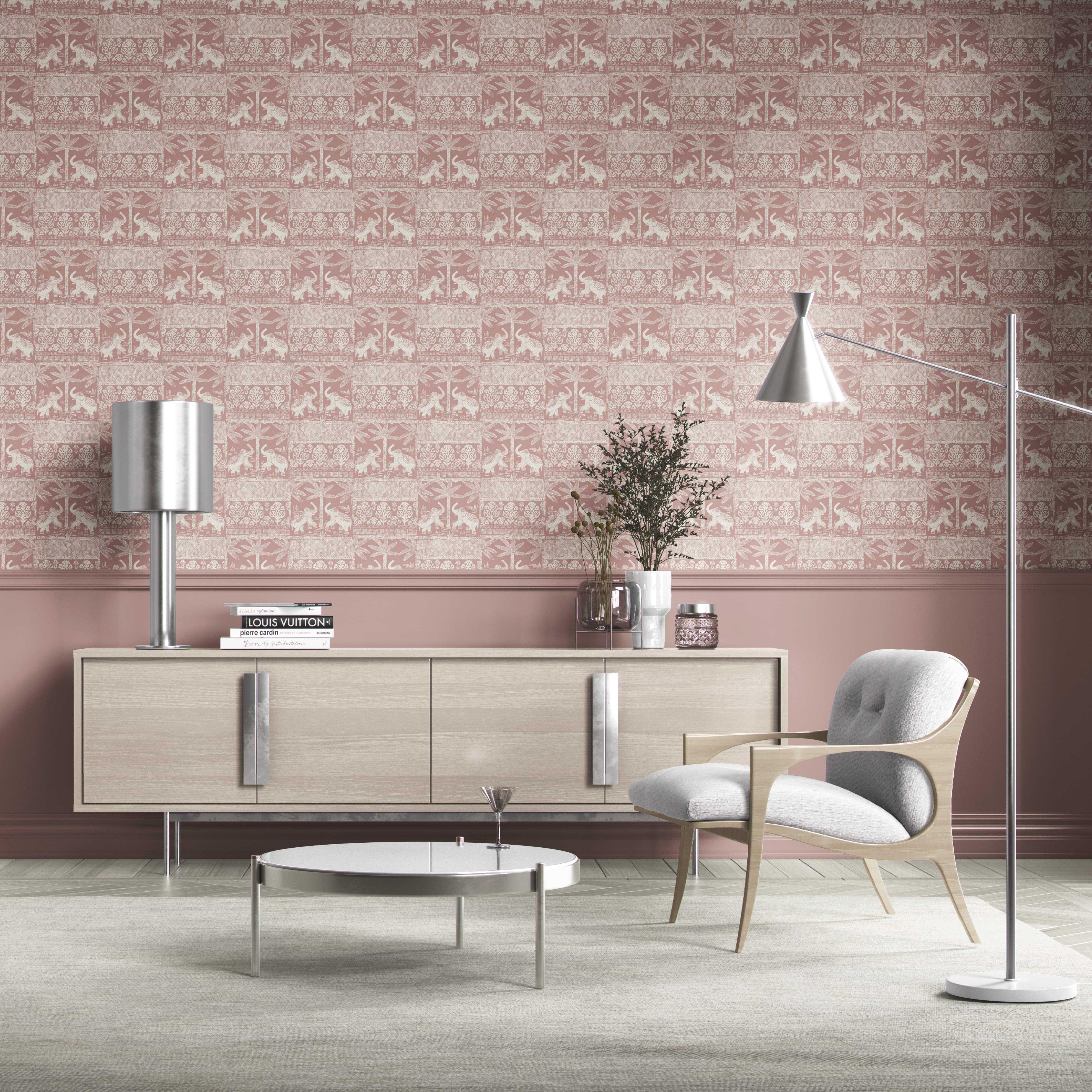 Ethnic/ Heritage Elephants & Animals Print Kitchen Wallpaper Sample (Pink/ White)