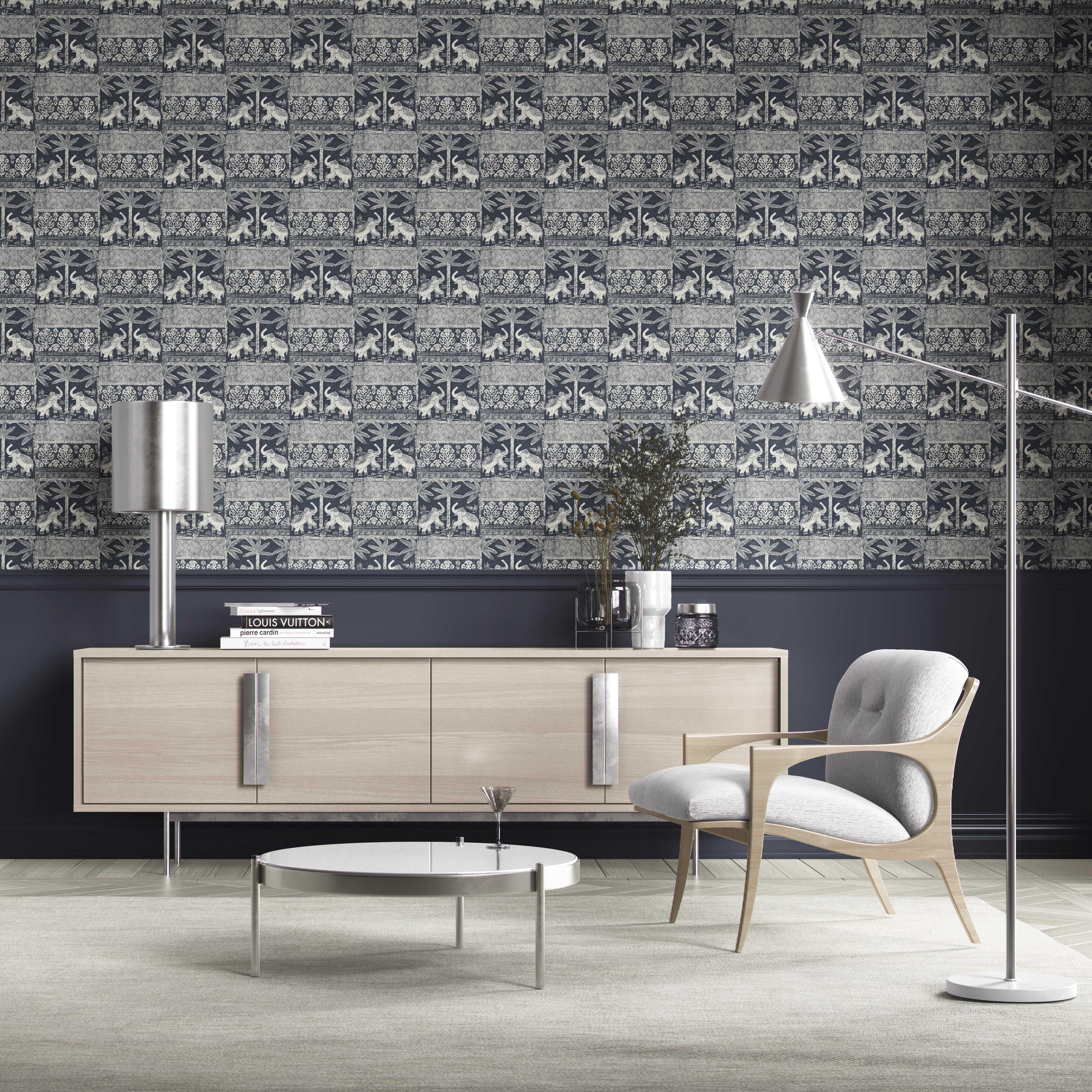Ethnic/ Heritage Elephants & Animals Print Kitchen Wallpaper (Navy Blue/ White)