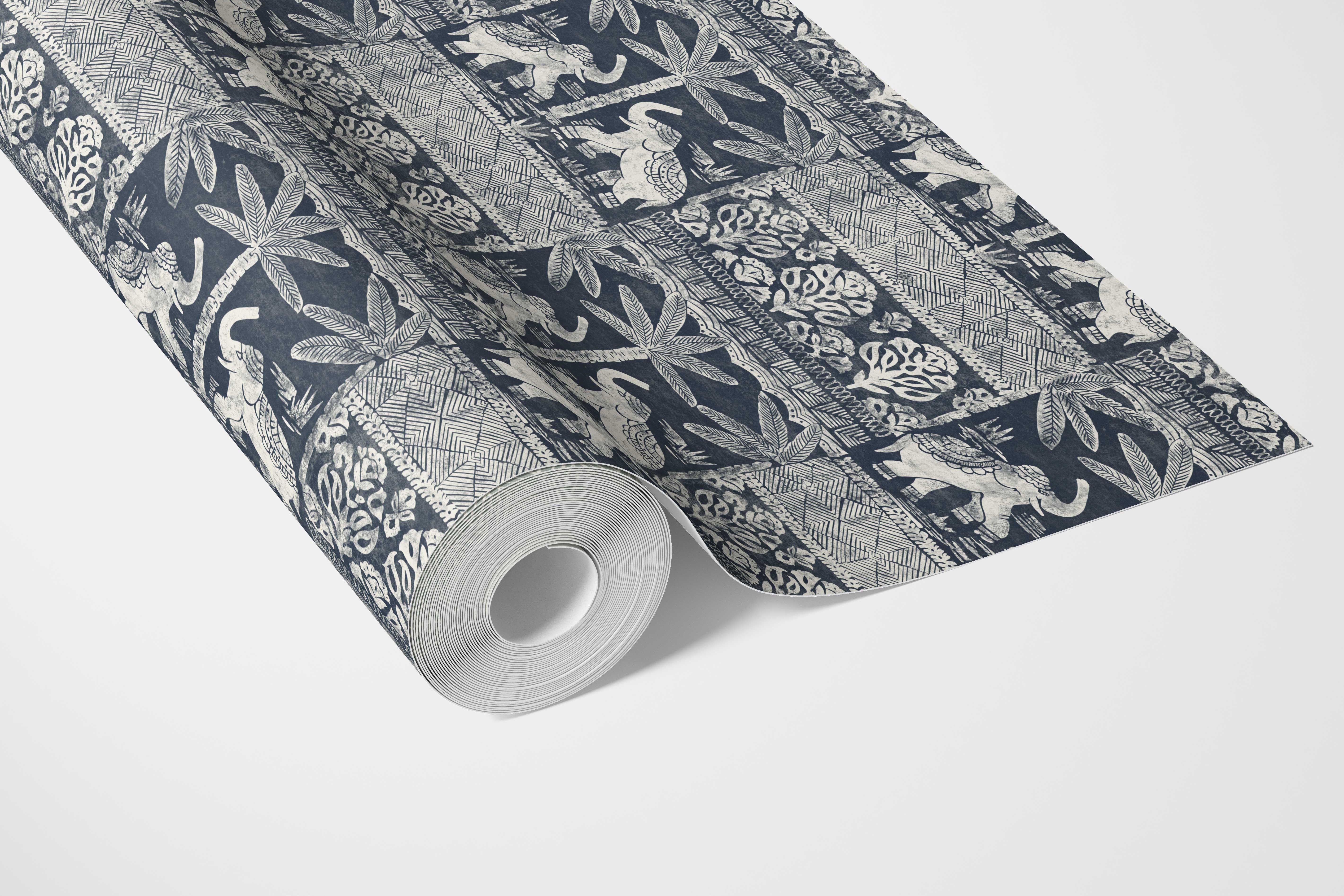 Ethnic/ Heritage Elephants & Animals Print Bathroom Wallpaper Sample (Navy Blue/ White)