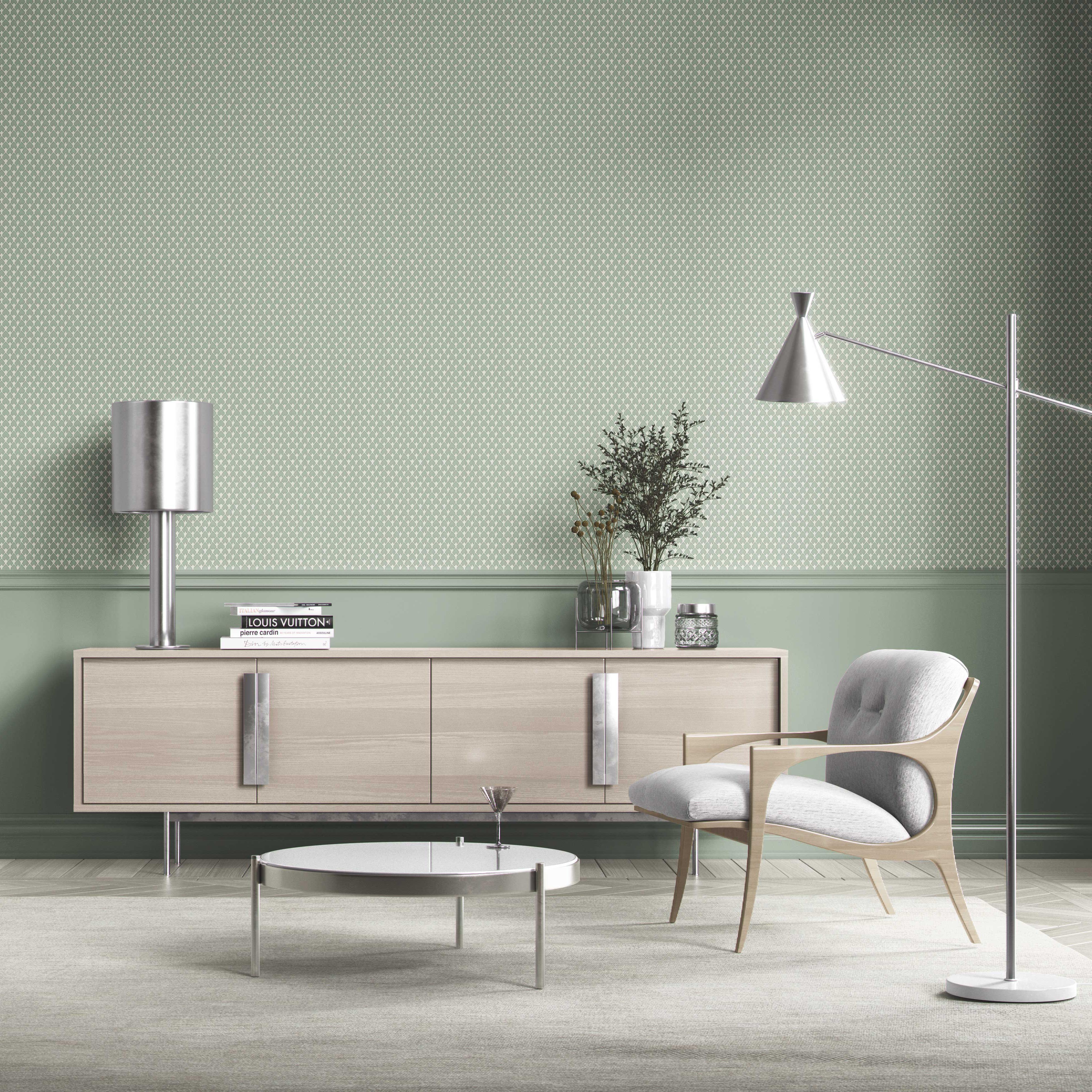 Small-Scale Geometric Print Bathroom Wallpaper Sample (Sage Green/ White)