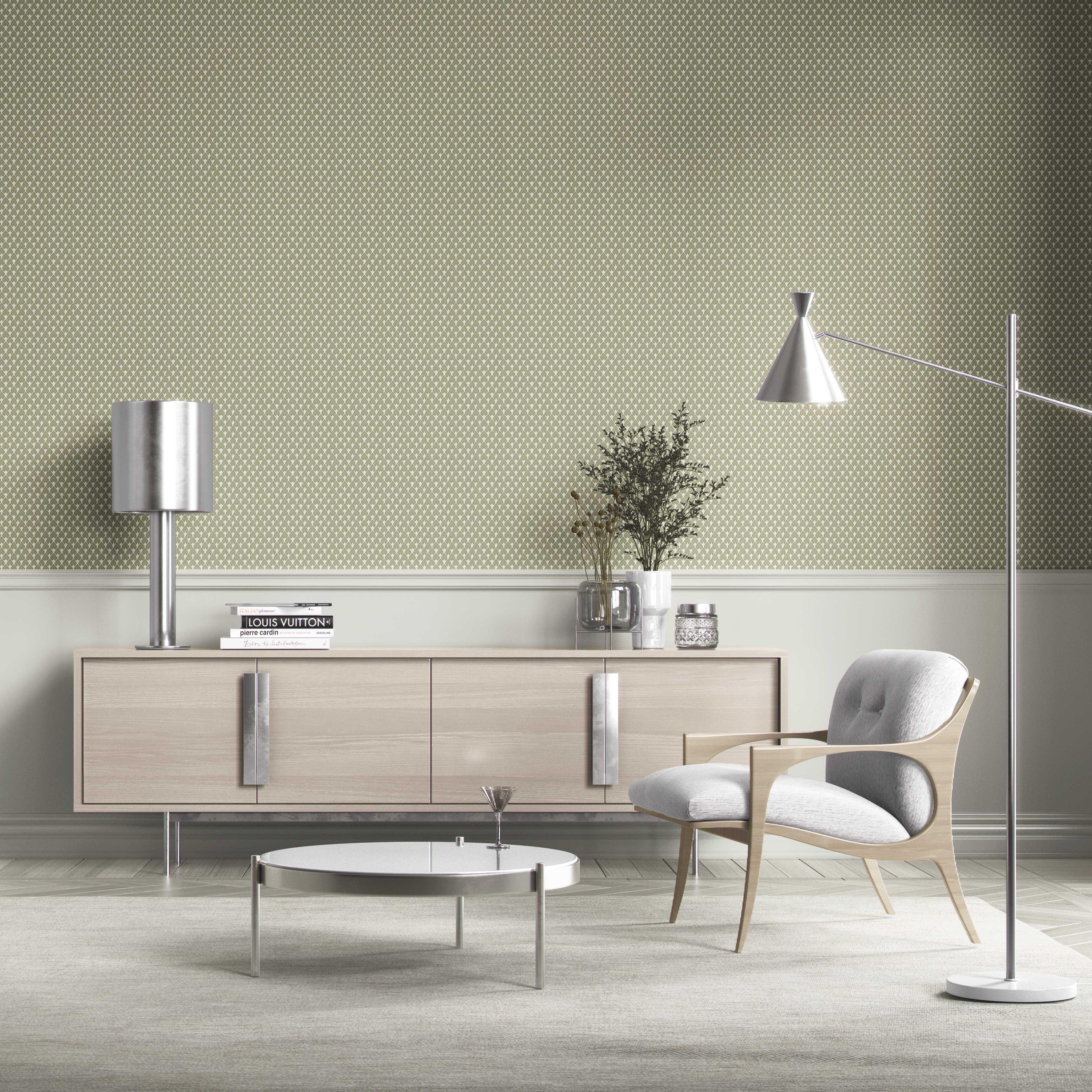 Small-Scale Geometric Print Bathroom Wallpaper (Olive Green/ White)