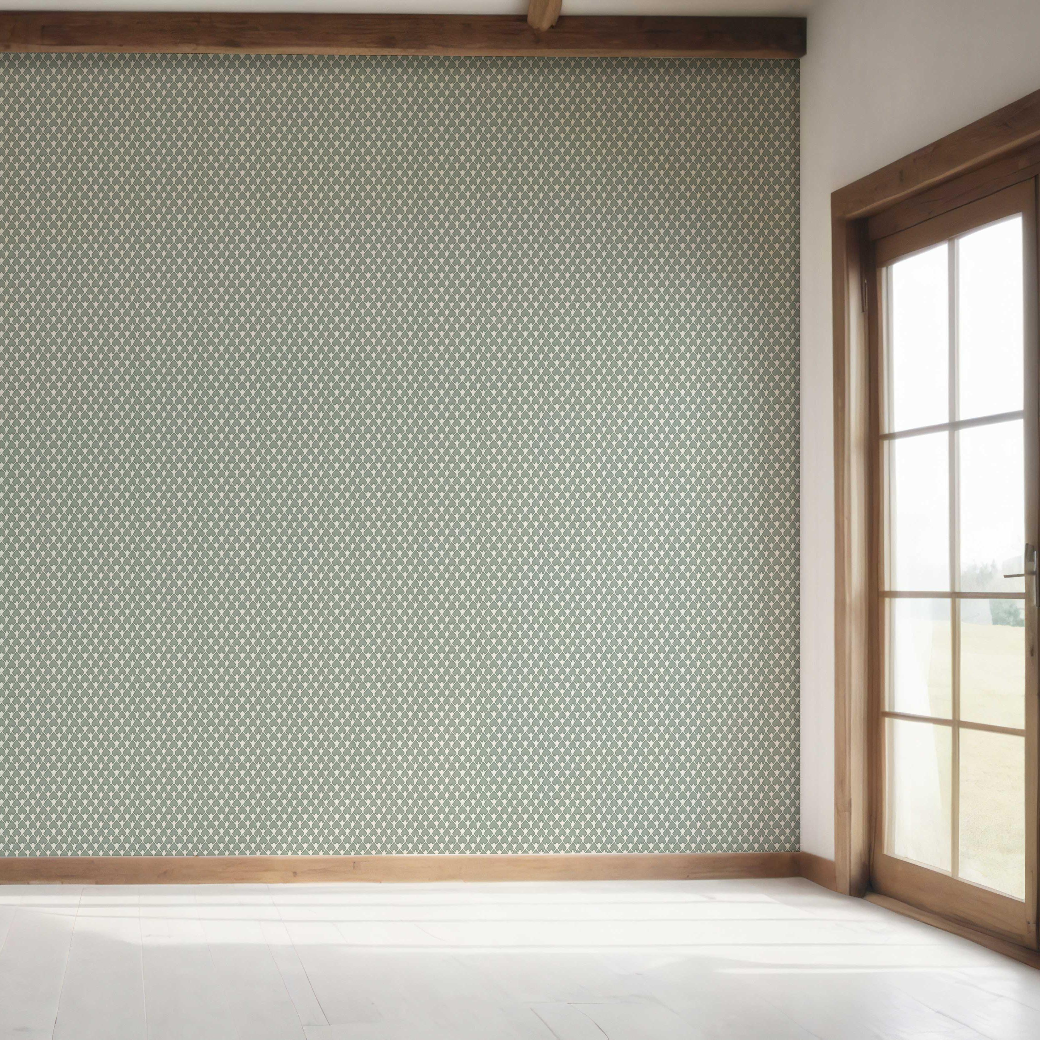 Neutral-Toned Small-Scale Geometric Print Bedroom Wallpaper Sample (Gray-Green/ White)