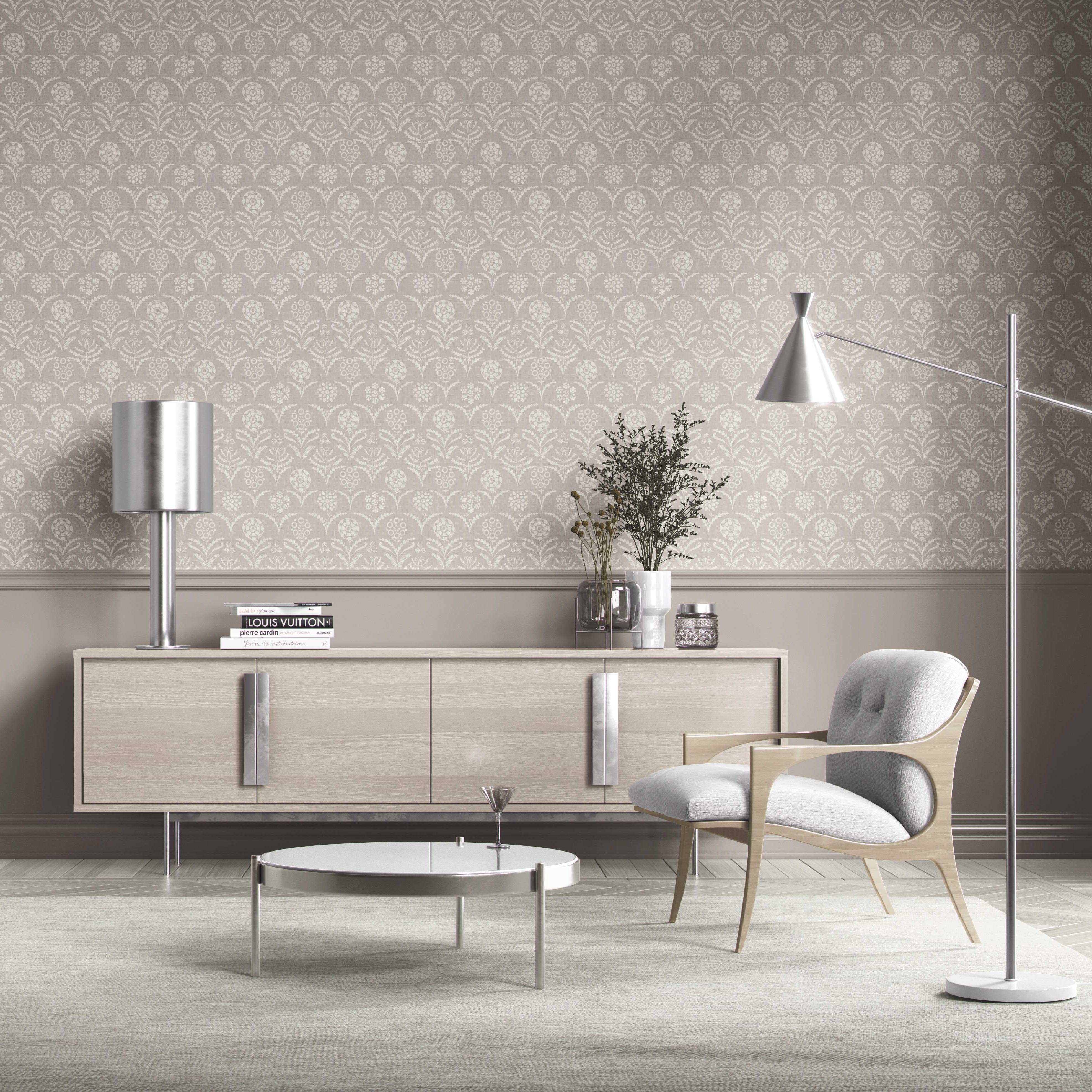Modern Neural-Toned Floral/ Botanical Kitchen Wallpaper (Gray/ Soft Taupe)