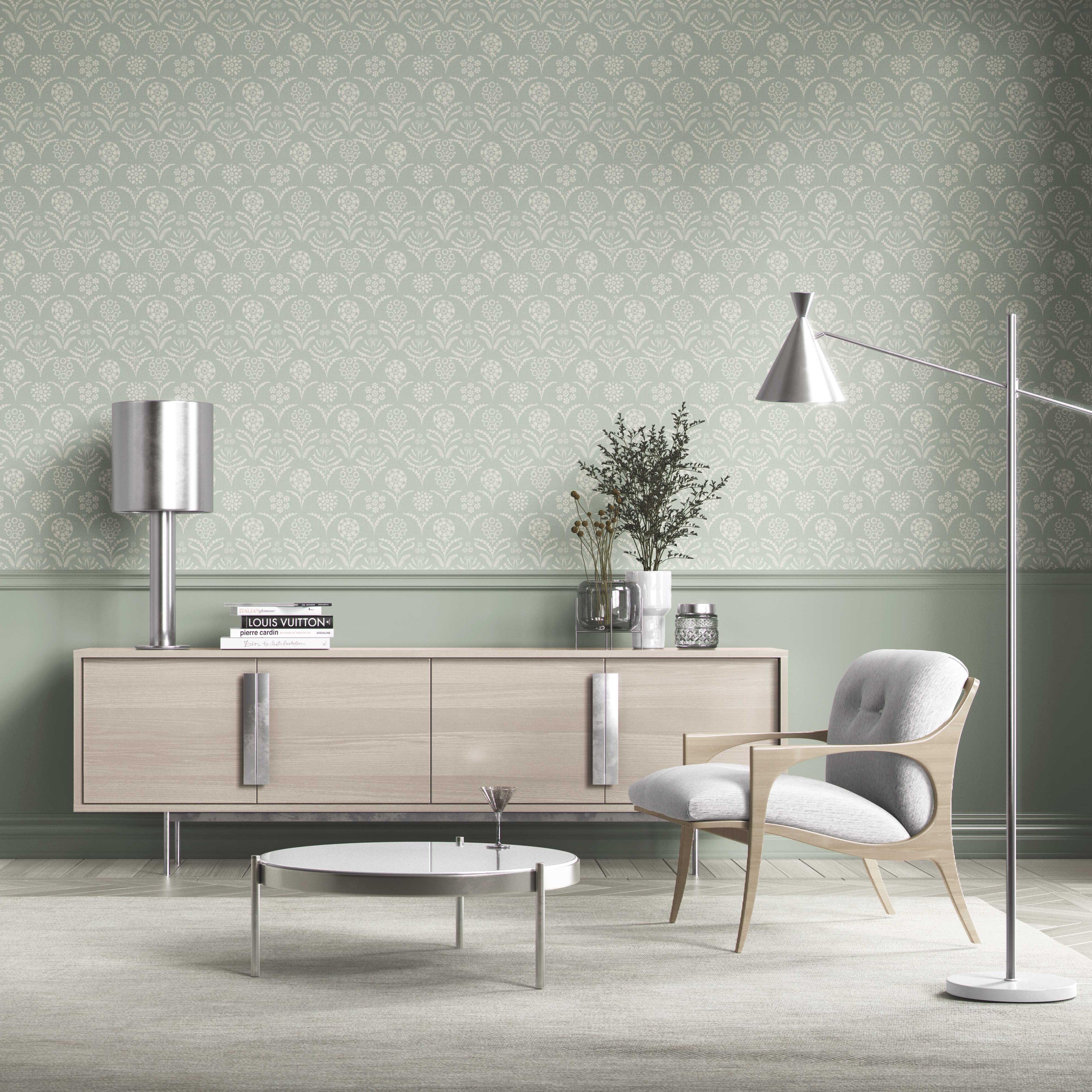 Modern Floral Botanical Kitchen Wallpaper Sample (Pastel Blue)