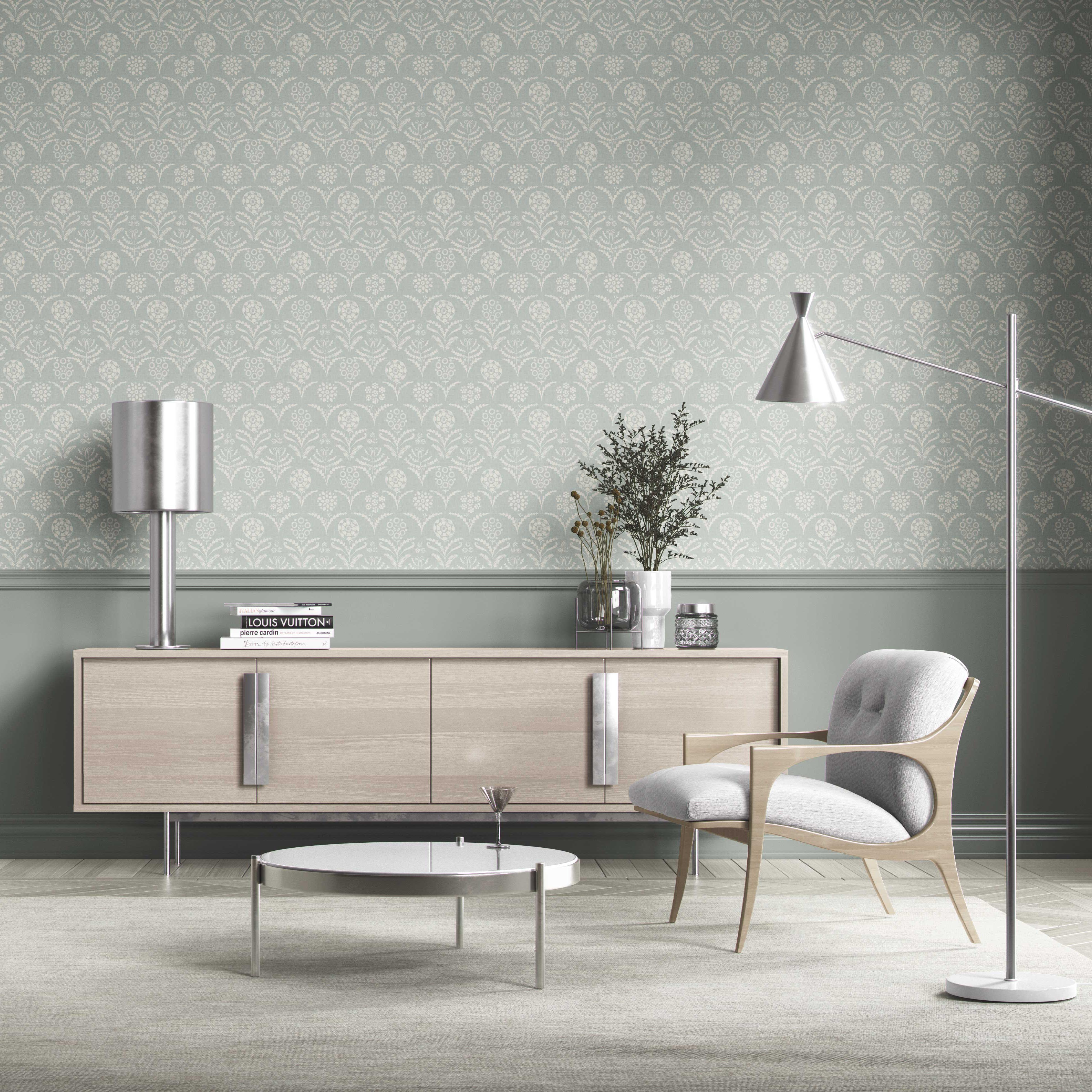 Modern Floral Botanical Nursery Wallpaper Sample (Duck Egg Blue/ White)