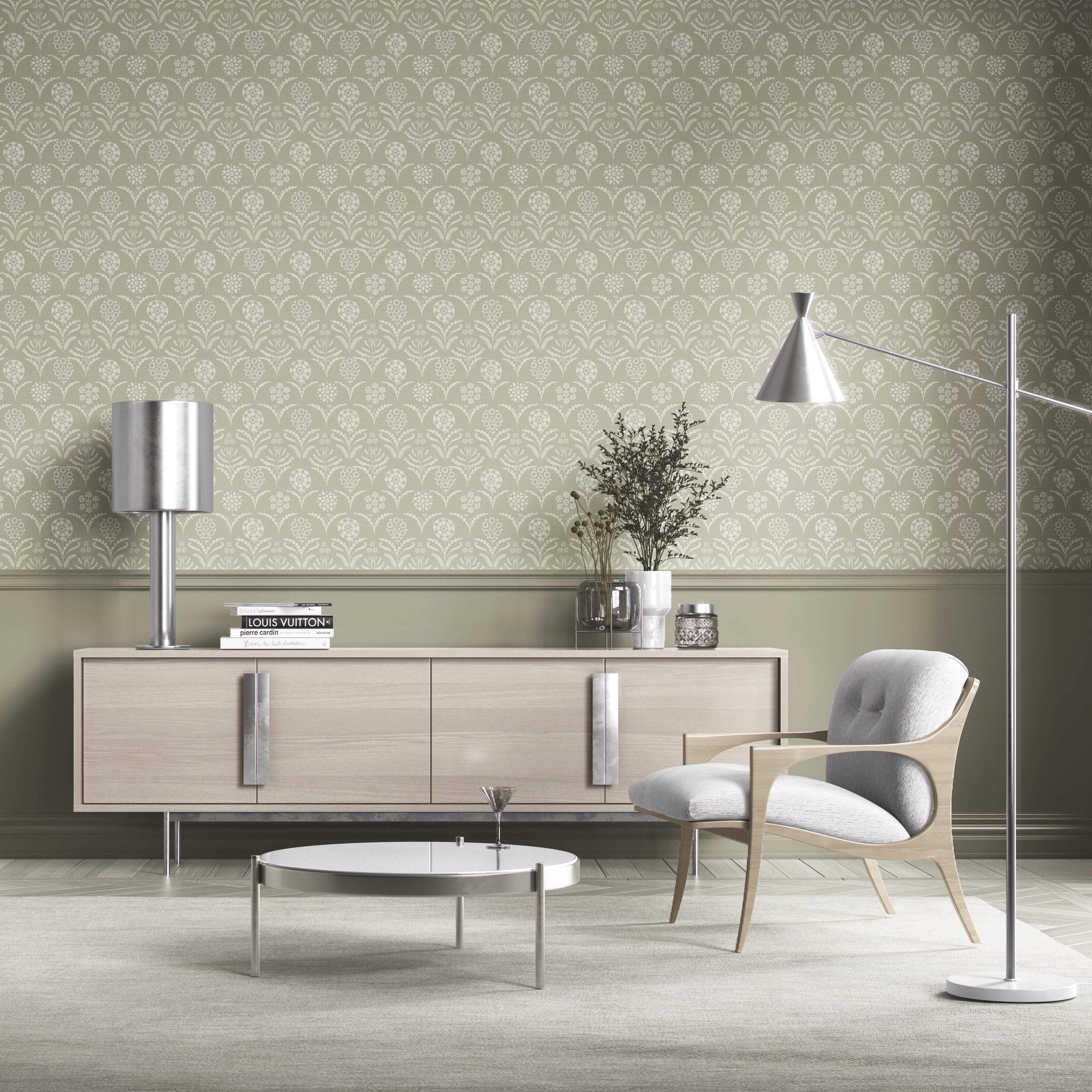 Modern Floral Botanical Kitchen Wallpaper (Light Olive Green)
