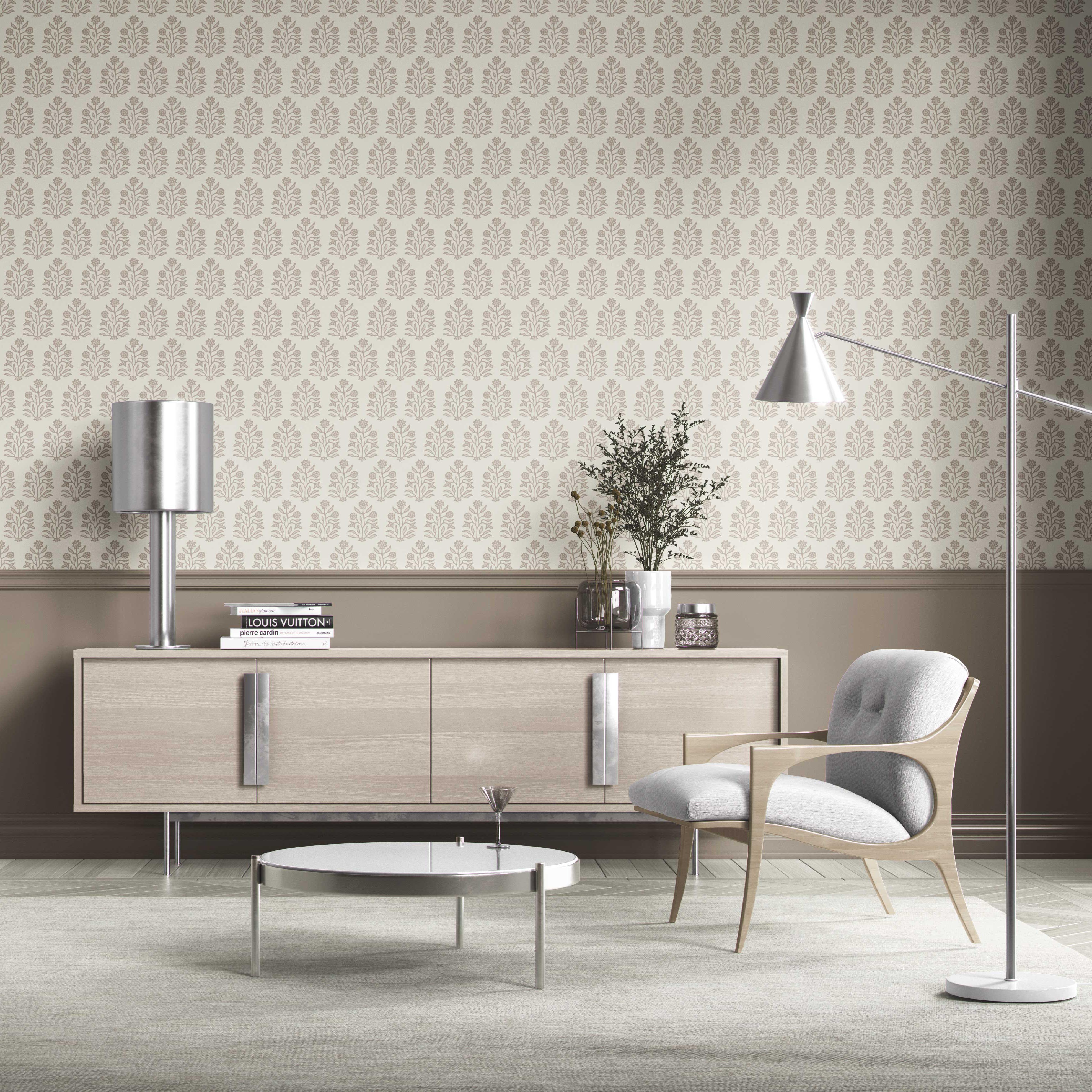 Vintage-Inspired Floral Block Print Kitchen Wallpaper (Cream/ Beige/ Greige)