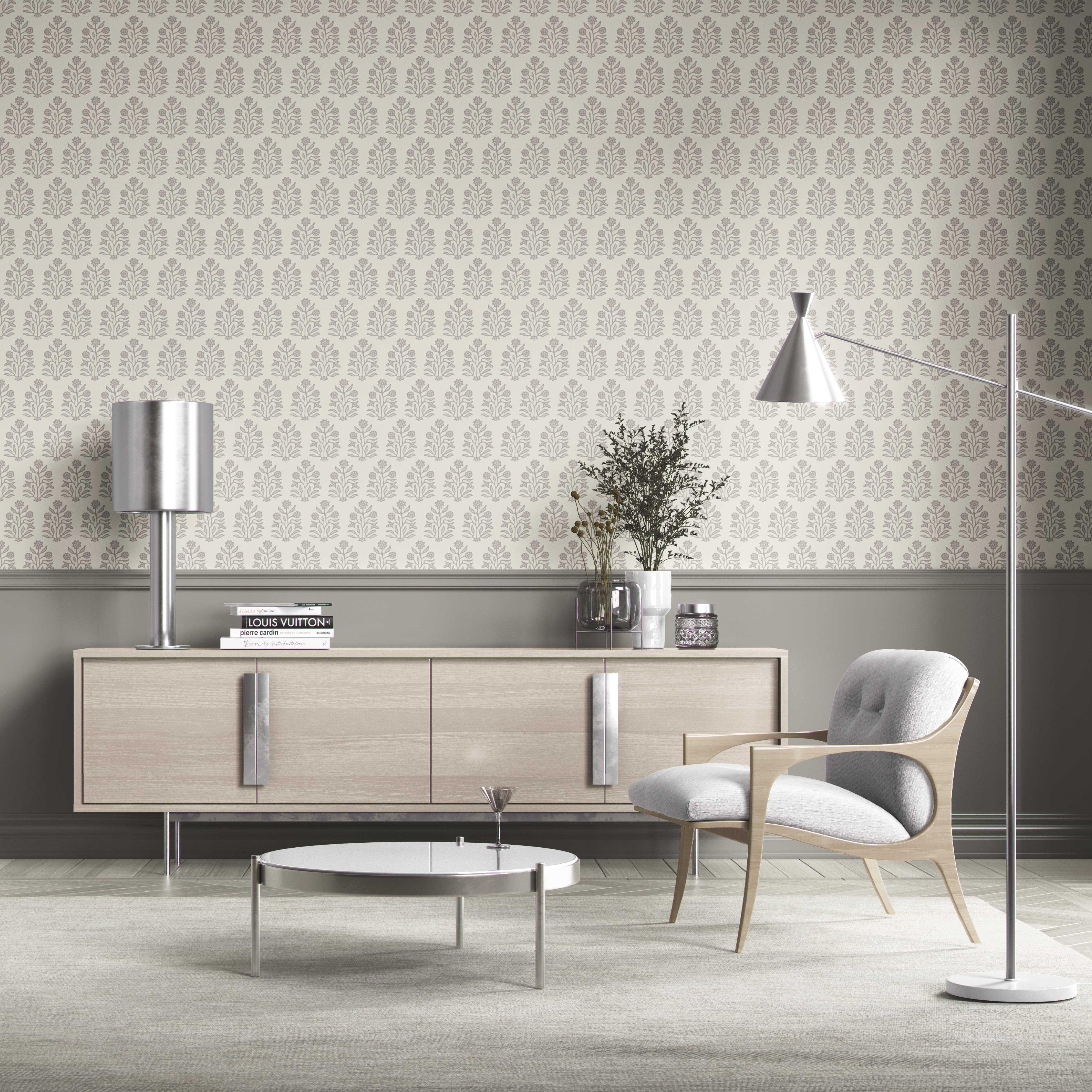 Neutral-Toned Botanical Floral Block Print Kitchen Wallpaper Sample (Cream/ Gray/ Greige)