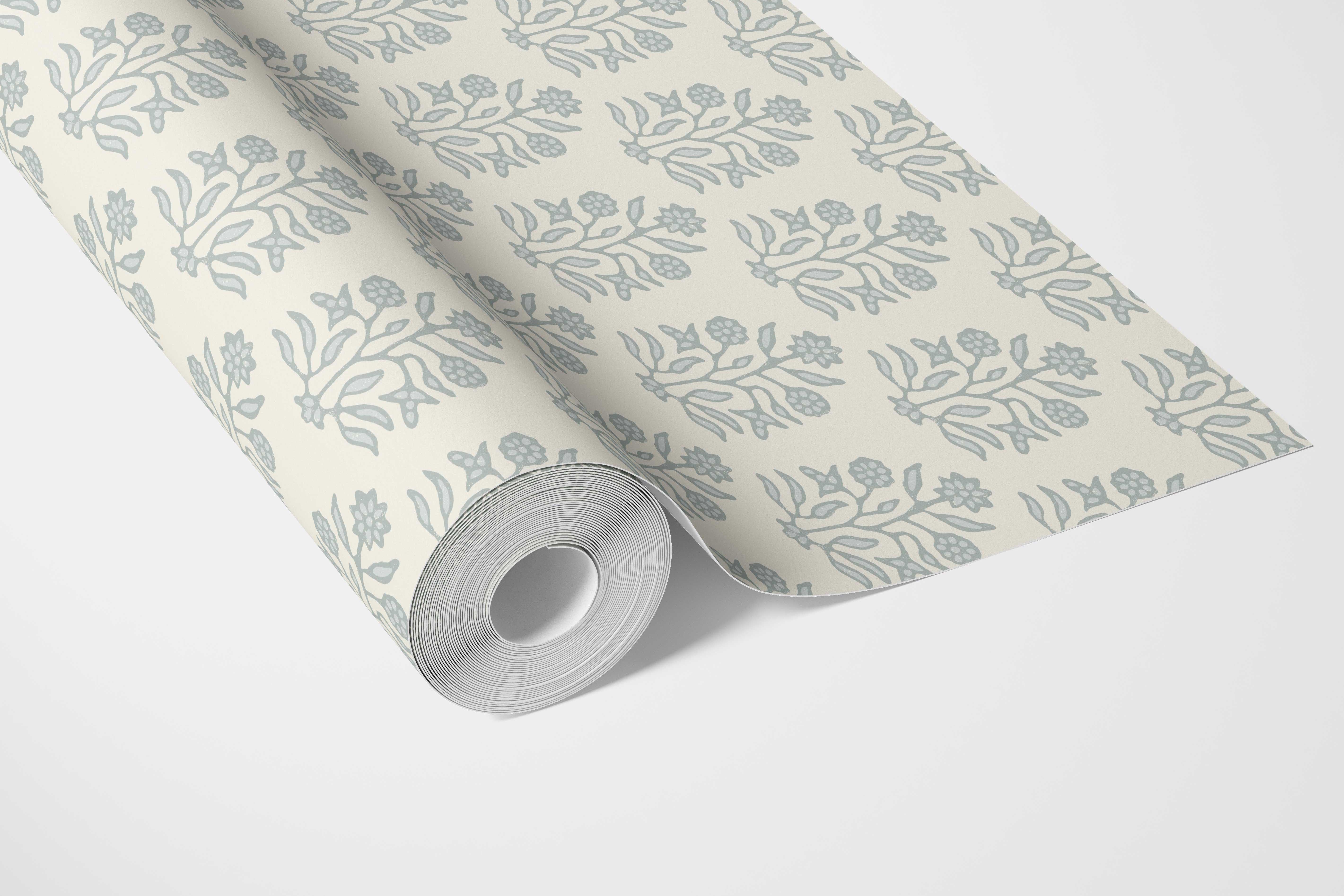 Vintage-Inspired Floral Block Print Bathroom Wallpaper Sample (Cream/ Blue-Green)