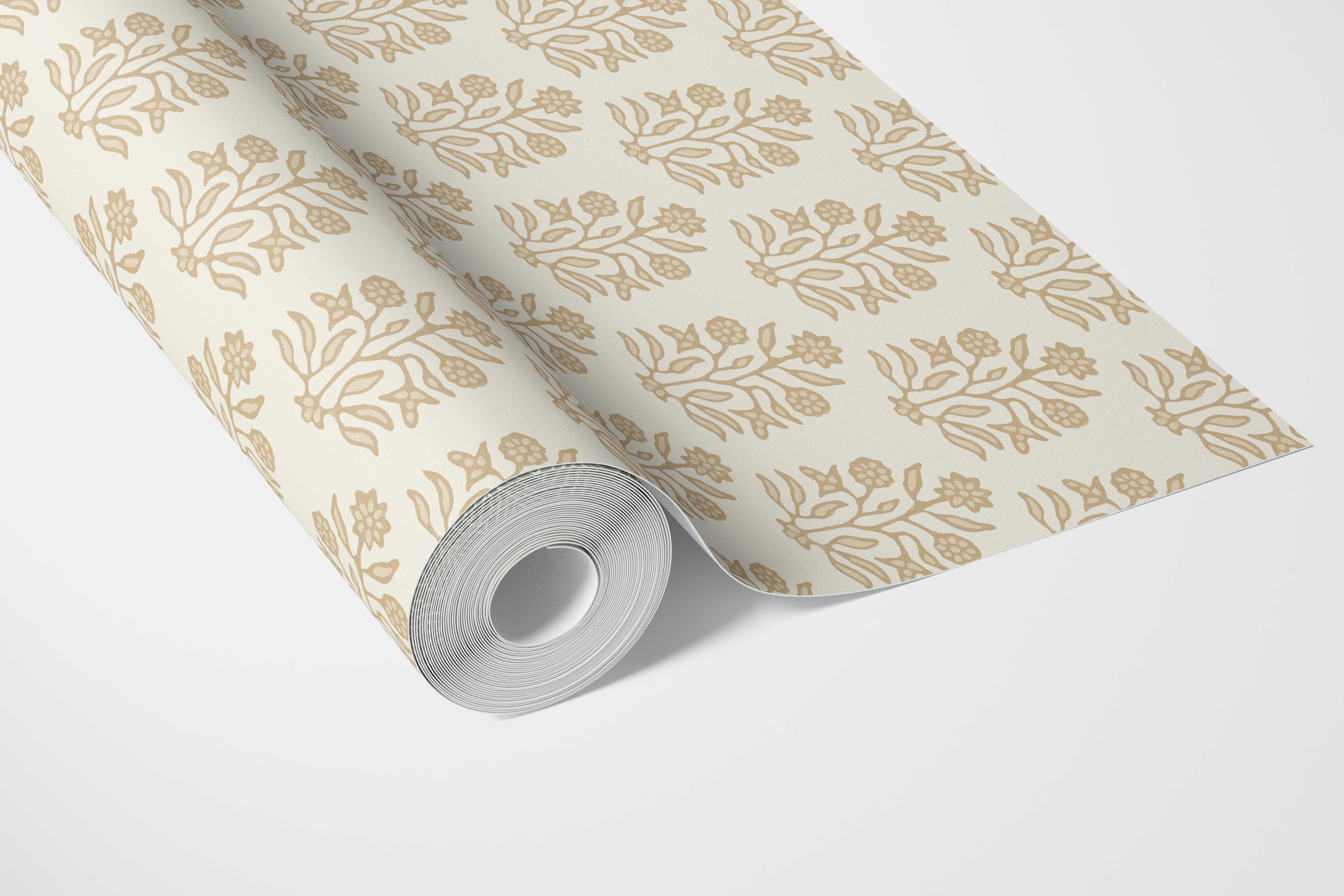 Neutral-Toned Botanical Floral Block Print Bathroom Wallpaper (Yellow/ Cream)