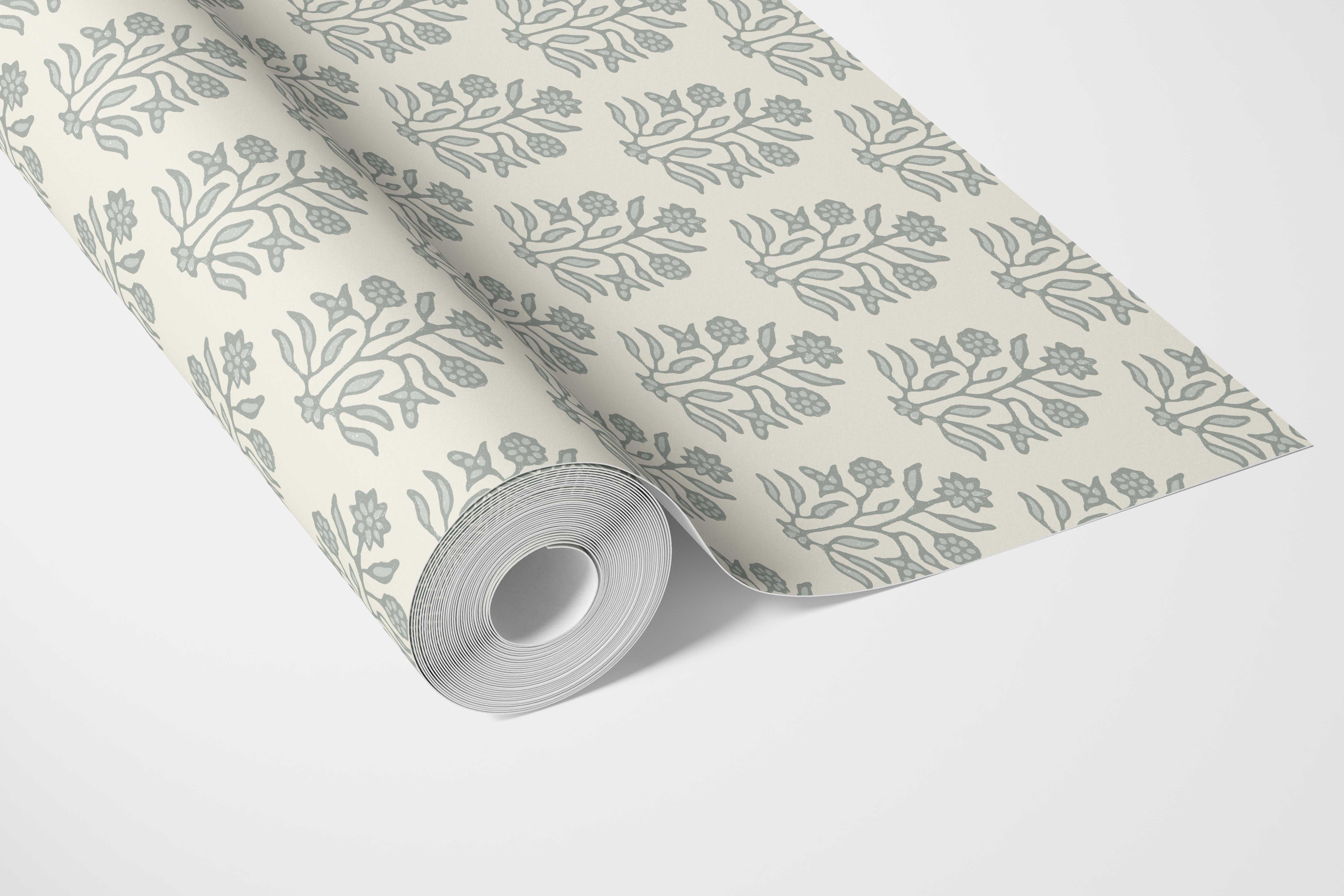 Neutral-Toned Botanical Floral Block Print Bathroom Wallpaper Sample (Sage Gray/ Cream)