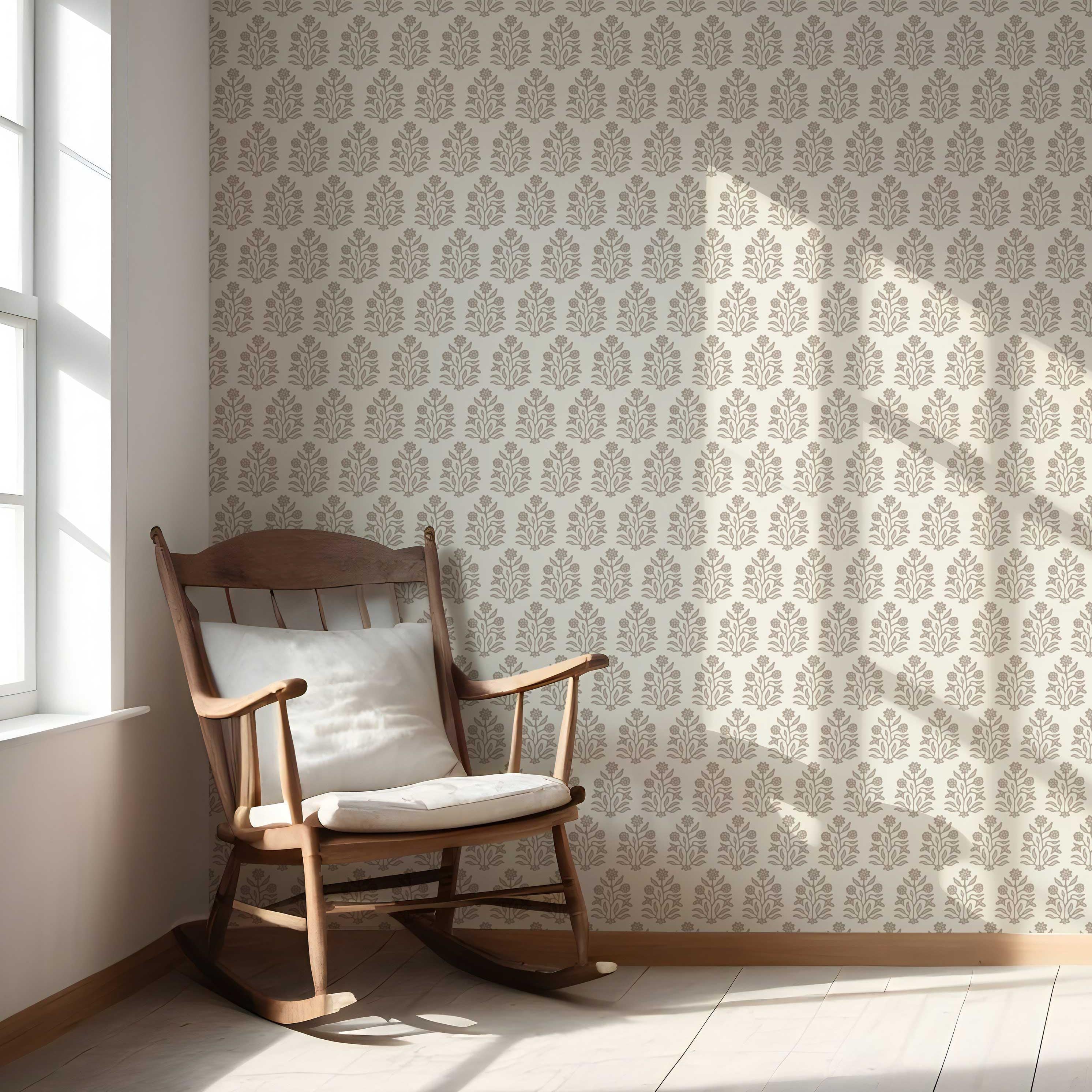 Neutral-Toned Botanical Floral Block Print Nursery Wallpaper (Brown/ Beige/ Cream)