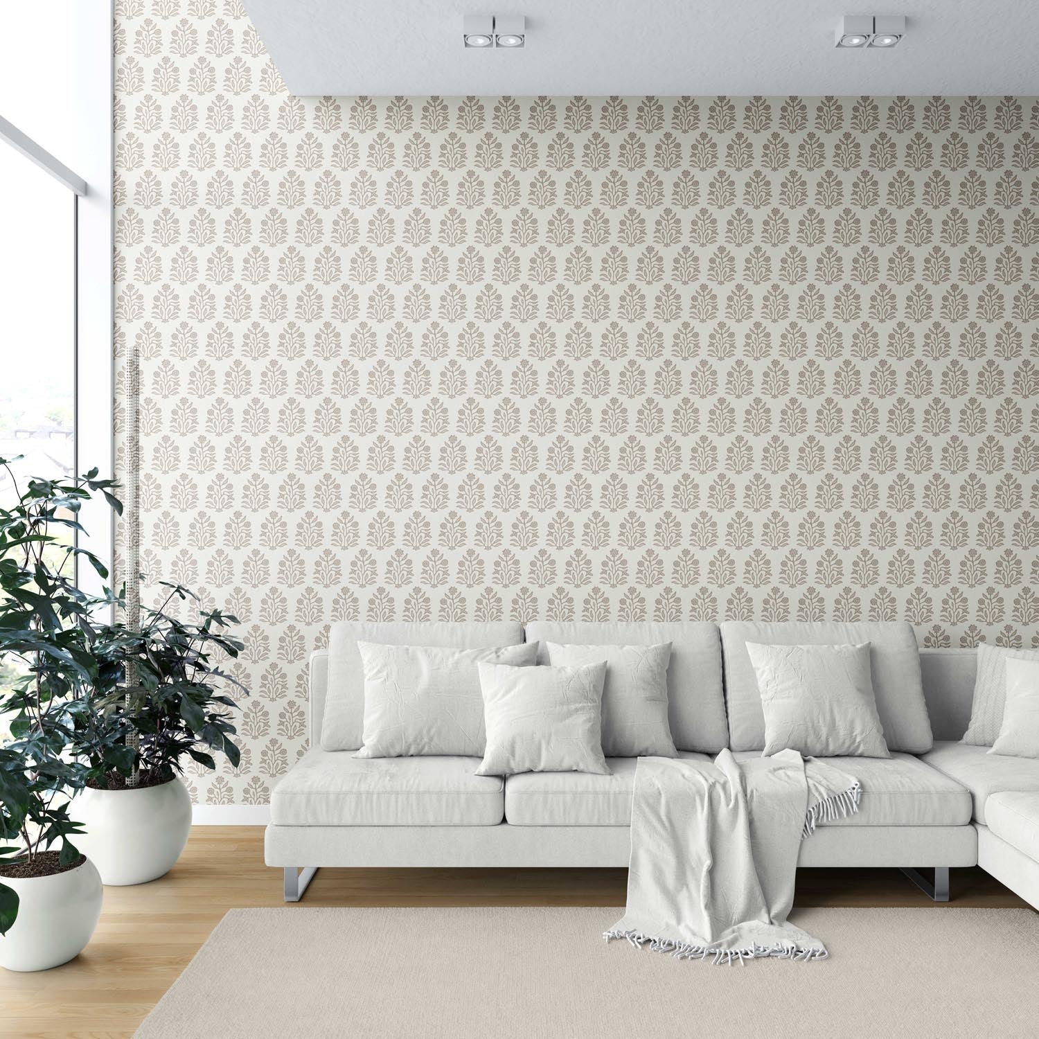 Neutral-Toned Botanical Floral Block Print Shower Toilet Wallpaper