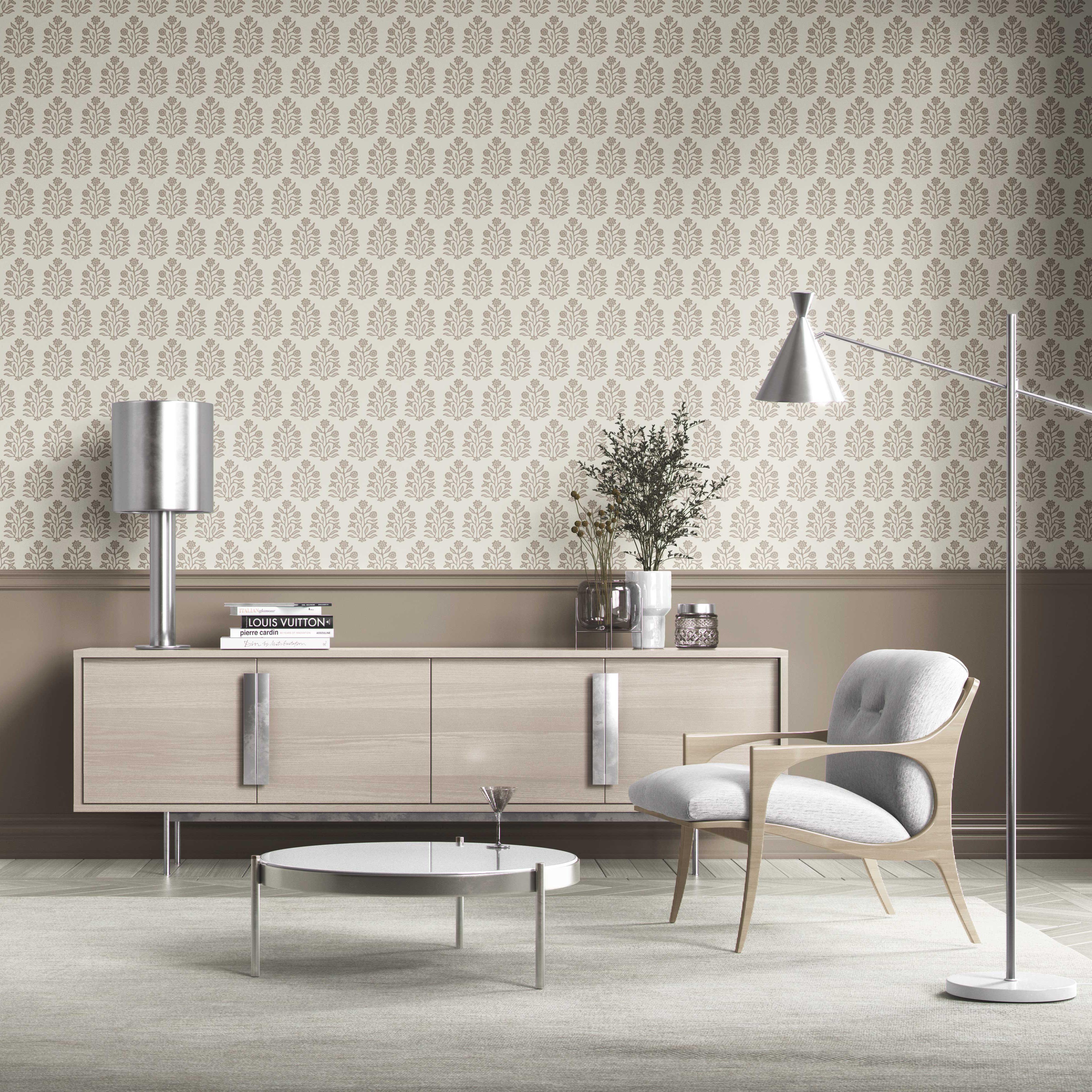 Neutral-Toned Botanical Floral Block Print Kitchen Wallpaper (Brown/ Beige/ Cream)