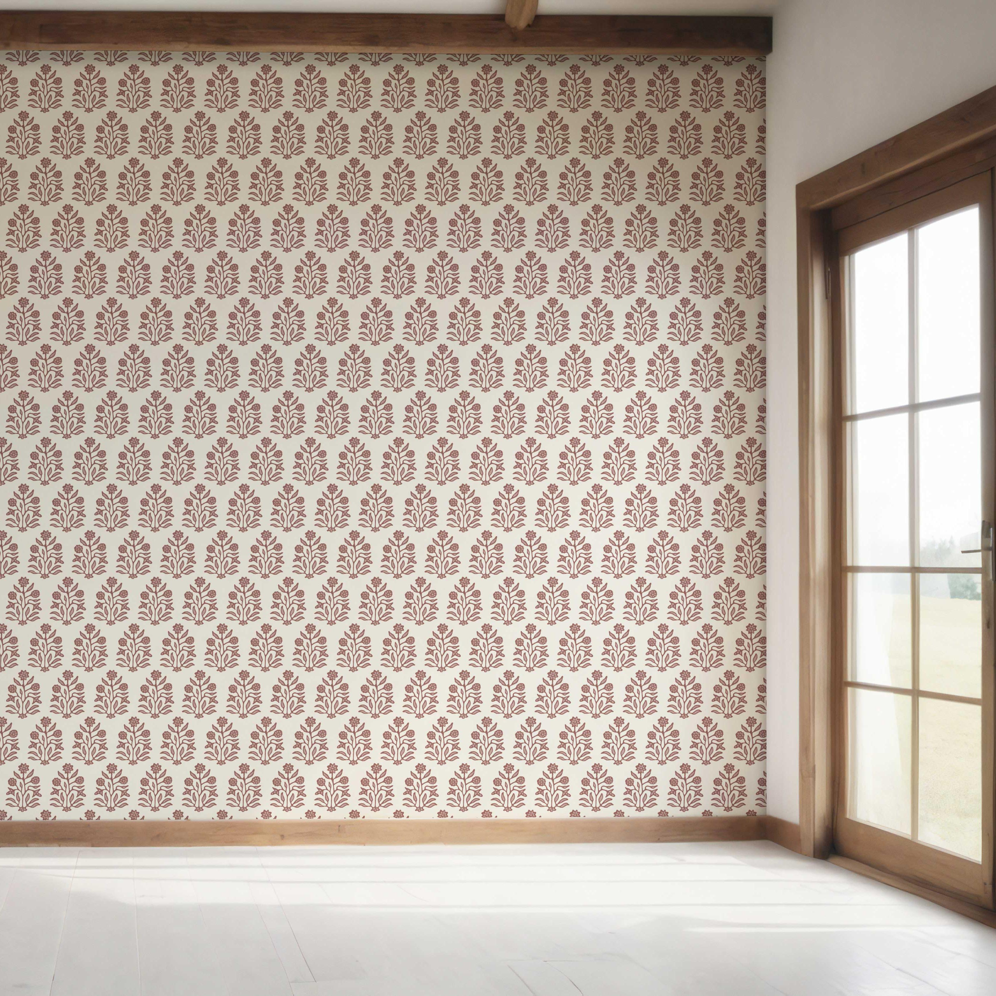 Vintage-Inspired Floral Block Print Bedroom Wallpaper (Mauve Pink/ Cream)