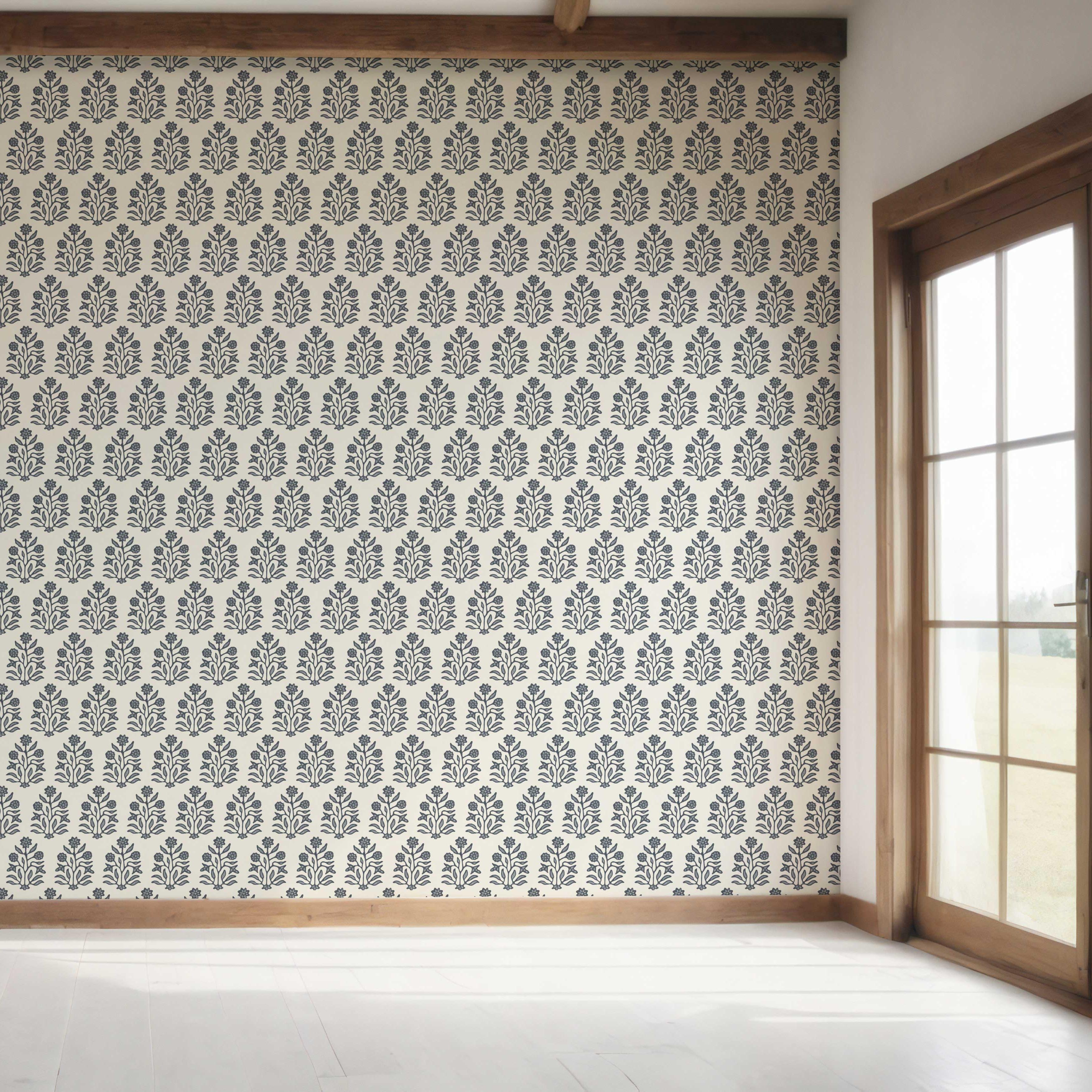 Vintage-Inspired Floral Block Print Bedroom Wallpaper Sample (Navy Blue/ Cream)