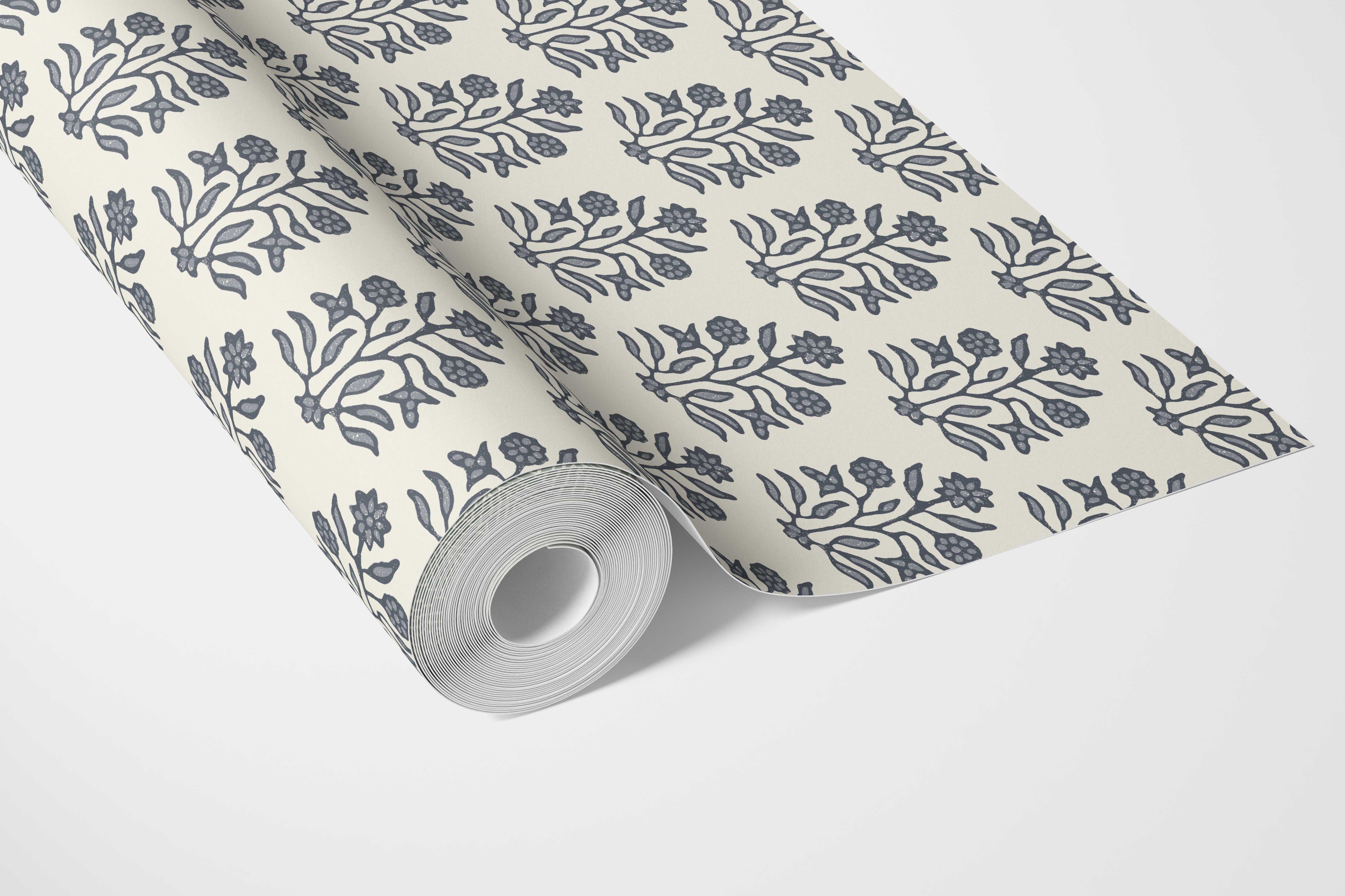 Vintage-Inspired Floral Block Print Bathroom Wallpaper Sample (Navy Blue/ Cream)