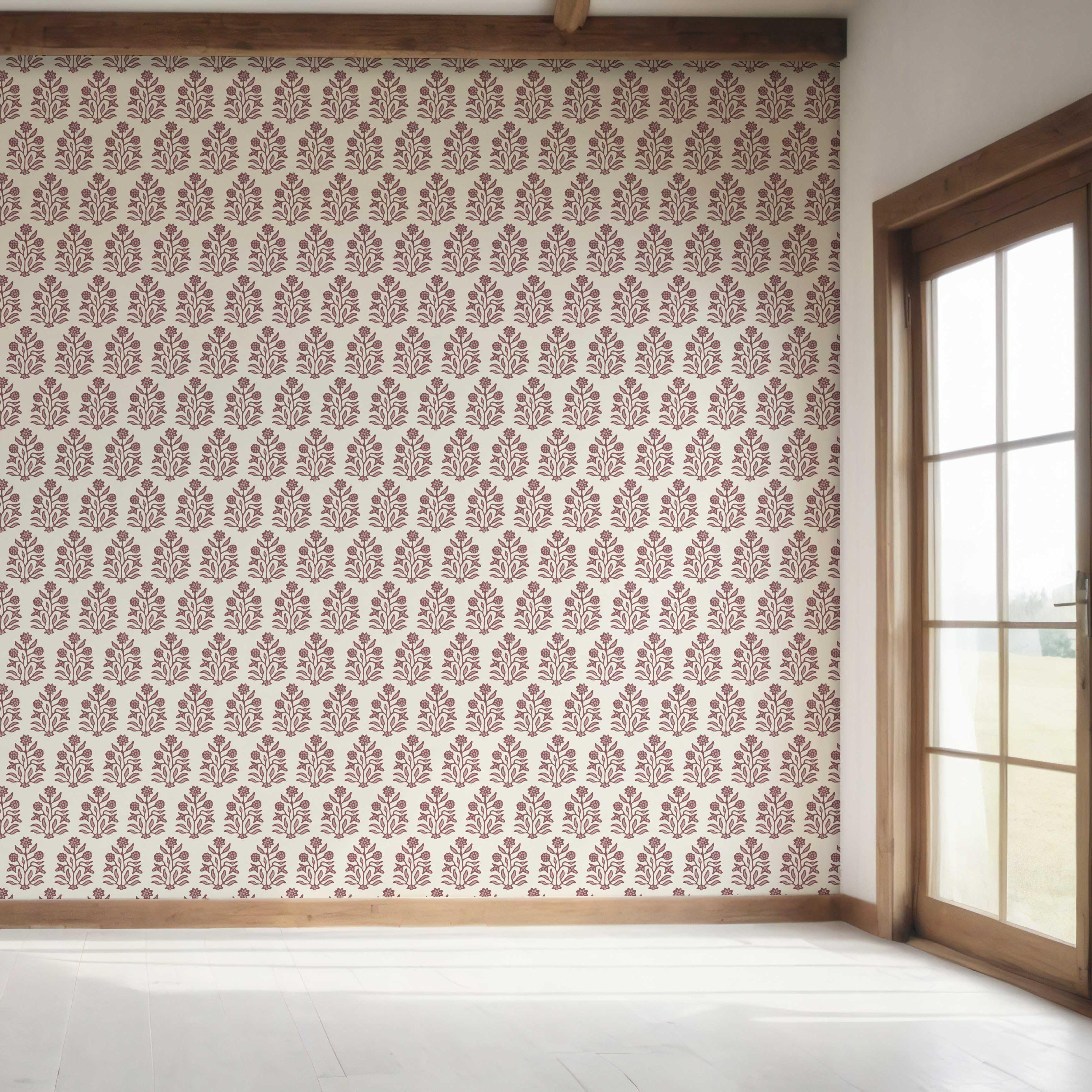 Vintage-Inspired Floral Block Print Bedroom Wallpaper Sample (Deep Pink/ Cream)