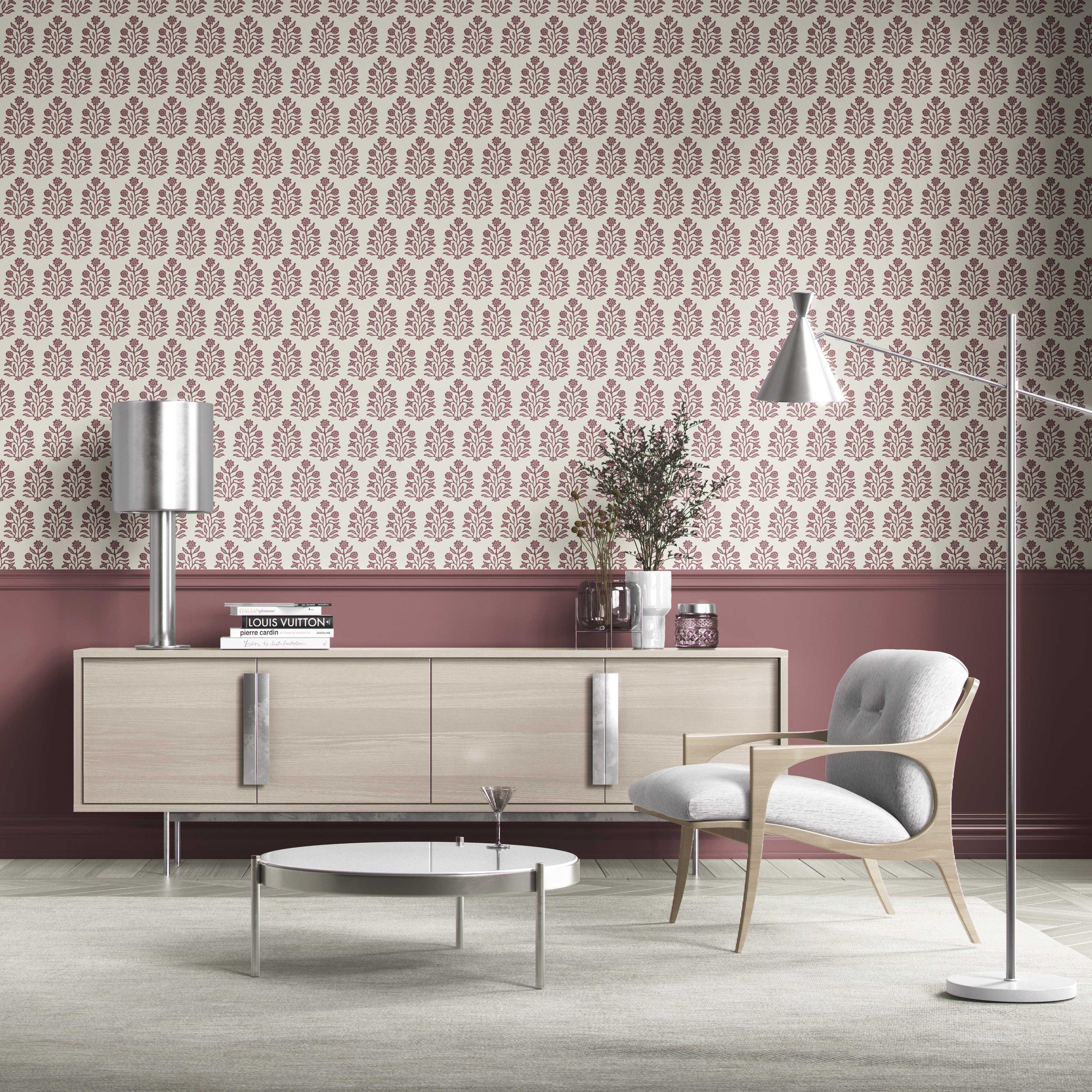 Vintage-Inspired Floral Block Print Kitchen Wallpaper Sample (Deep Pink/ Cream)