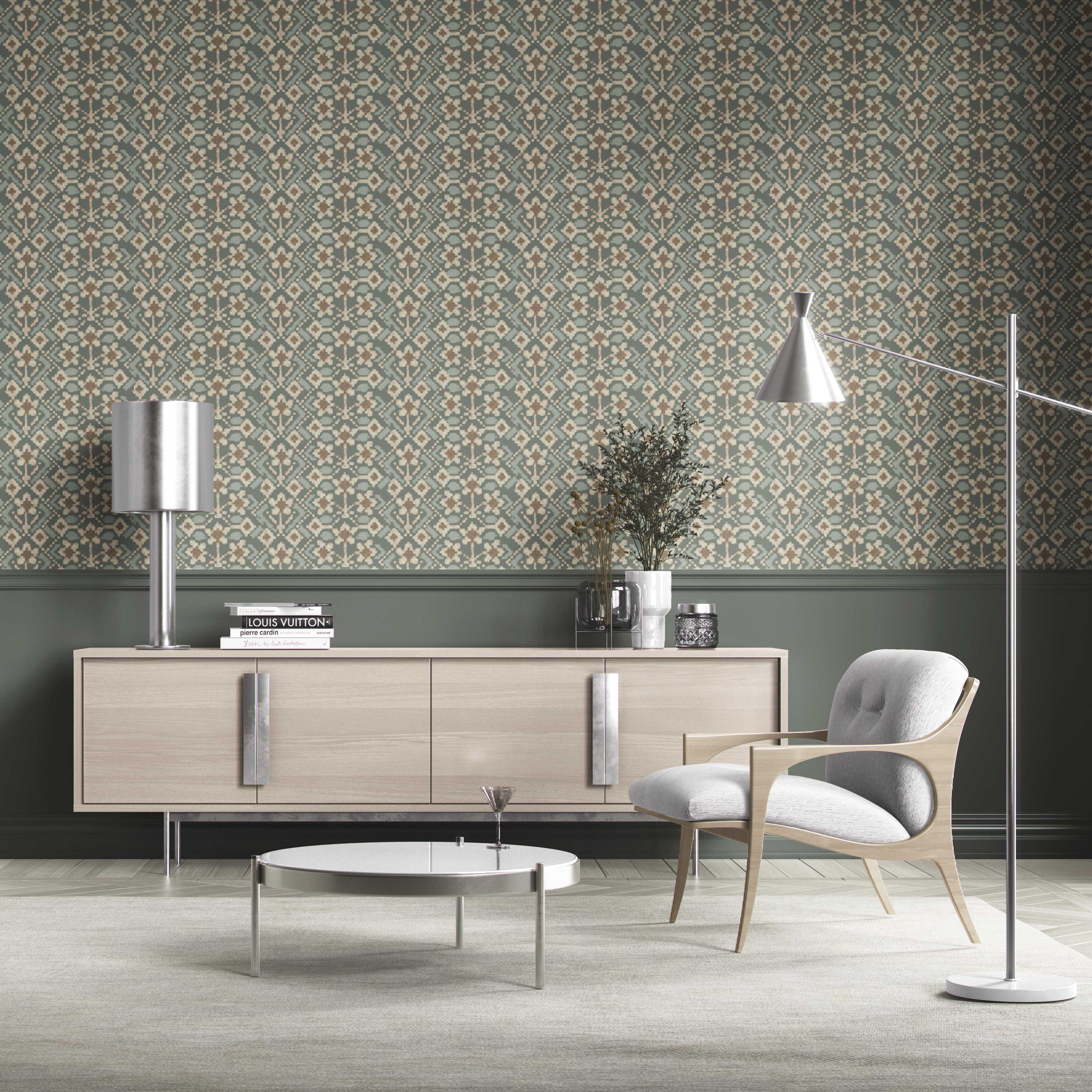 Modern Botanical Floral Kitchen Wallpaper Sample (Forest Green / Beige)