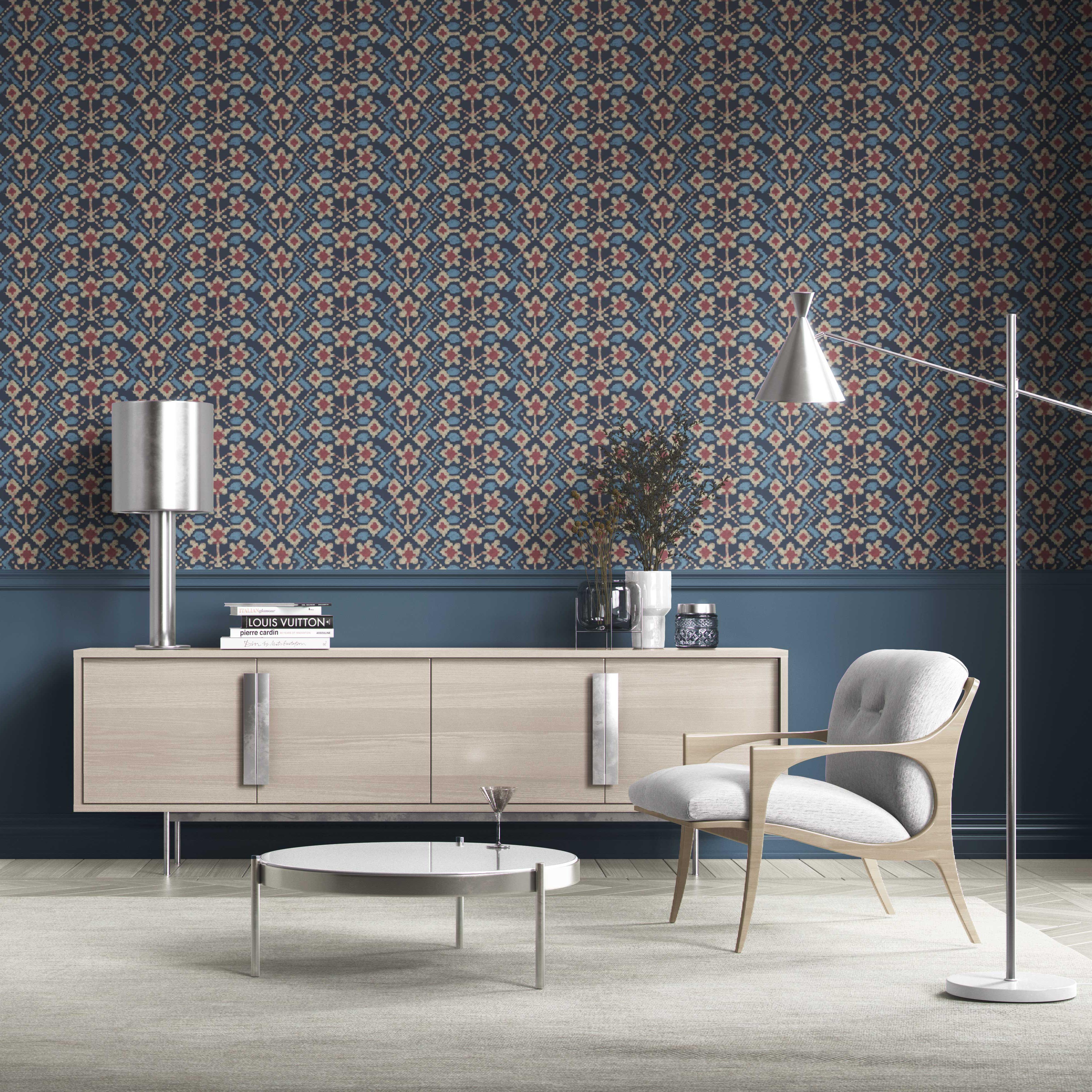 Modern Botanical Floral Kitchen Wallpaper (Navy Blue/ Pink/ Beige)