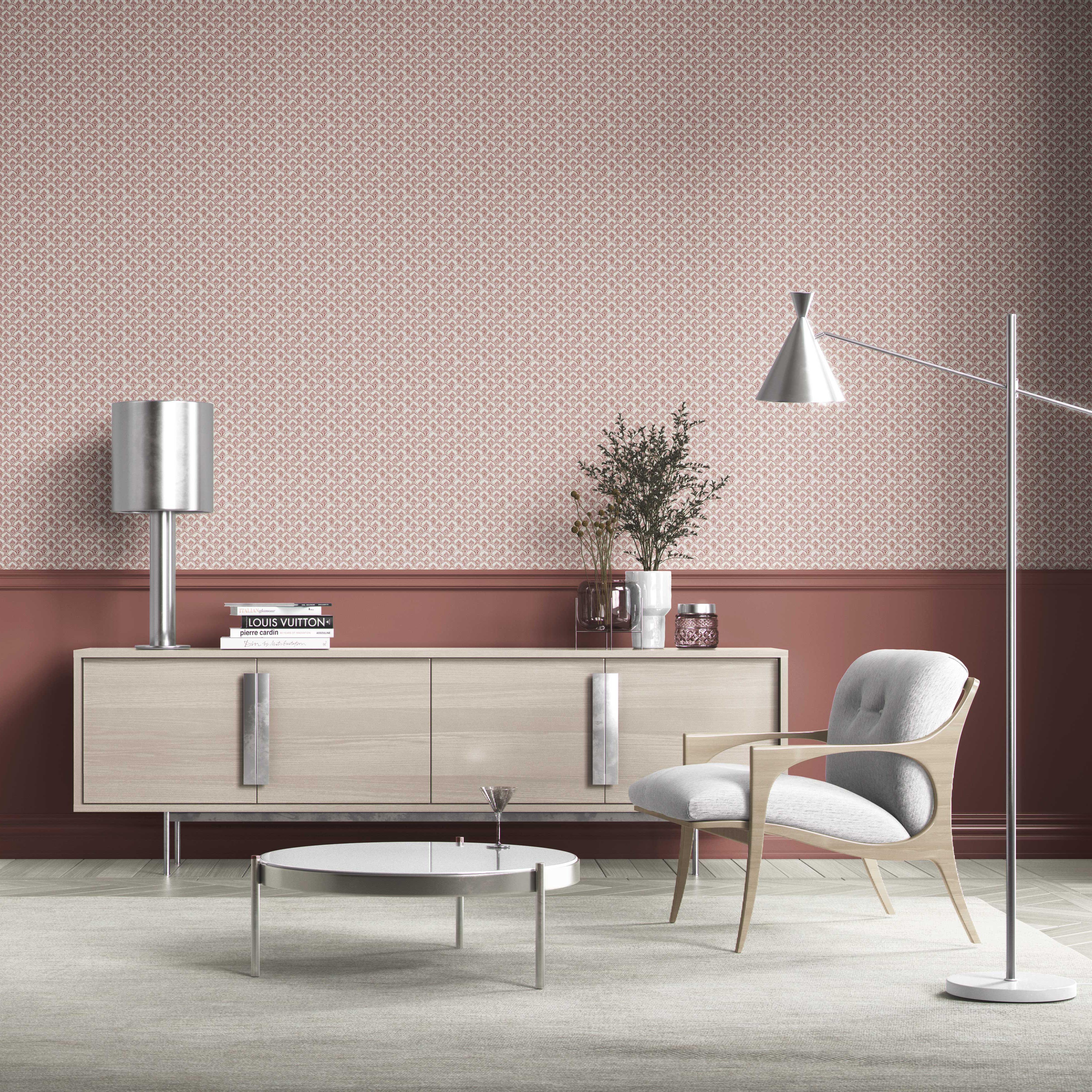 Small-Scale Floral Lattice Bathroom Wallpaper Sample (Red/ Pink/ White)