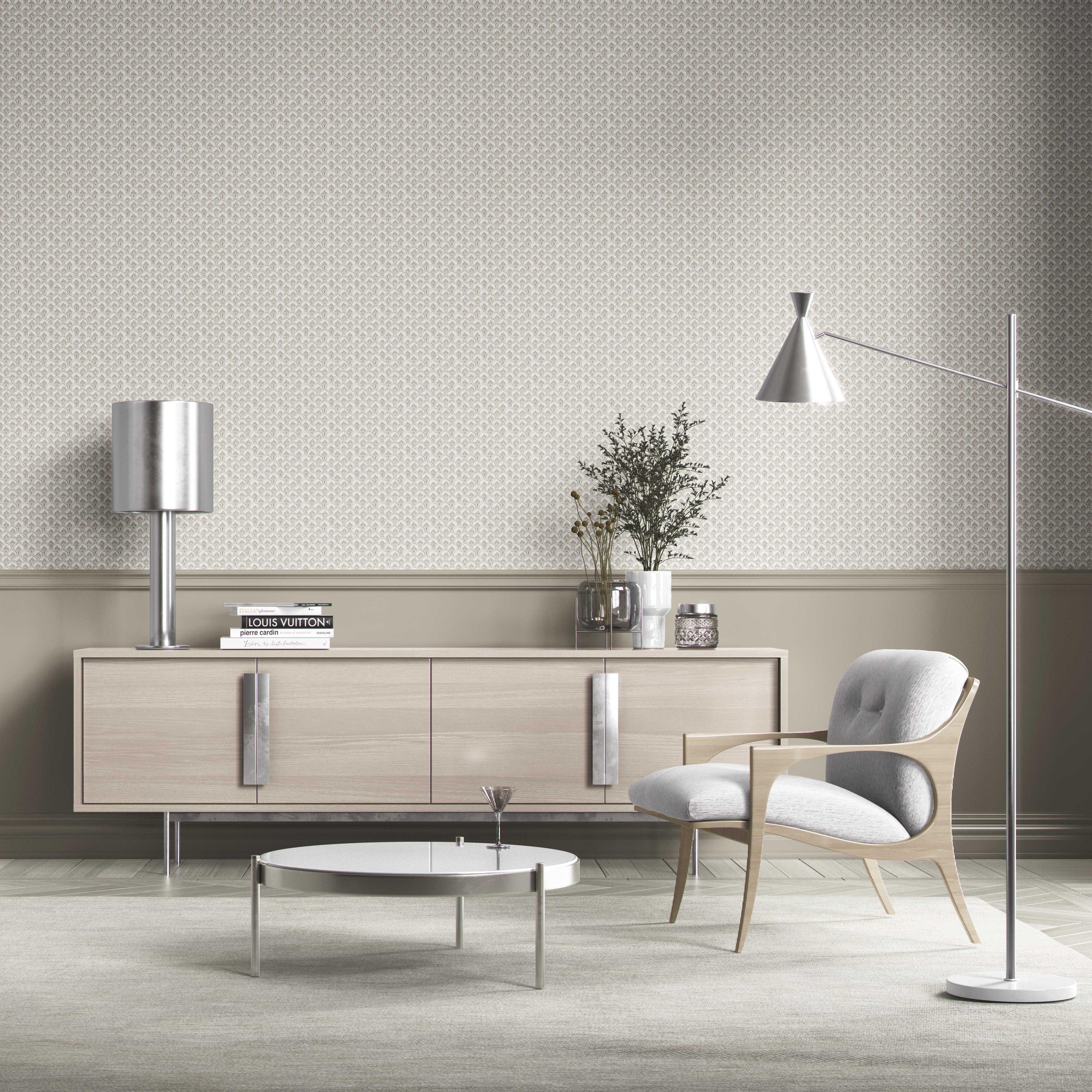 Small-Scale Floral Lattice Bathroom Wallpaper (Warm Gray/ Beige/ Taupe/ White)