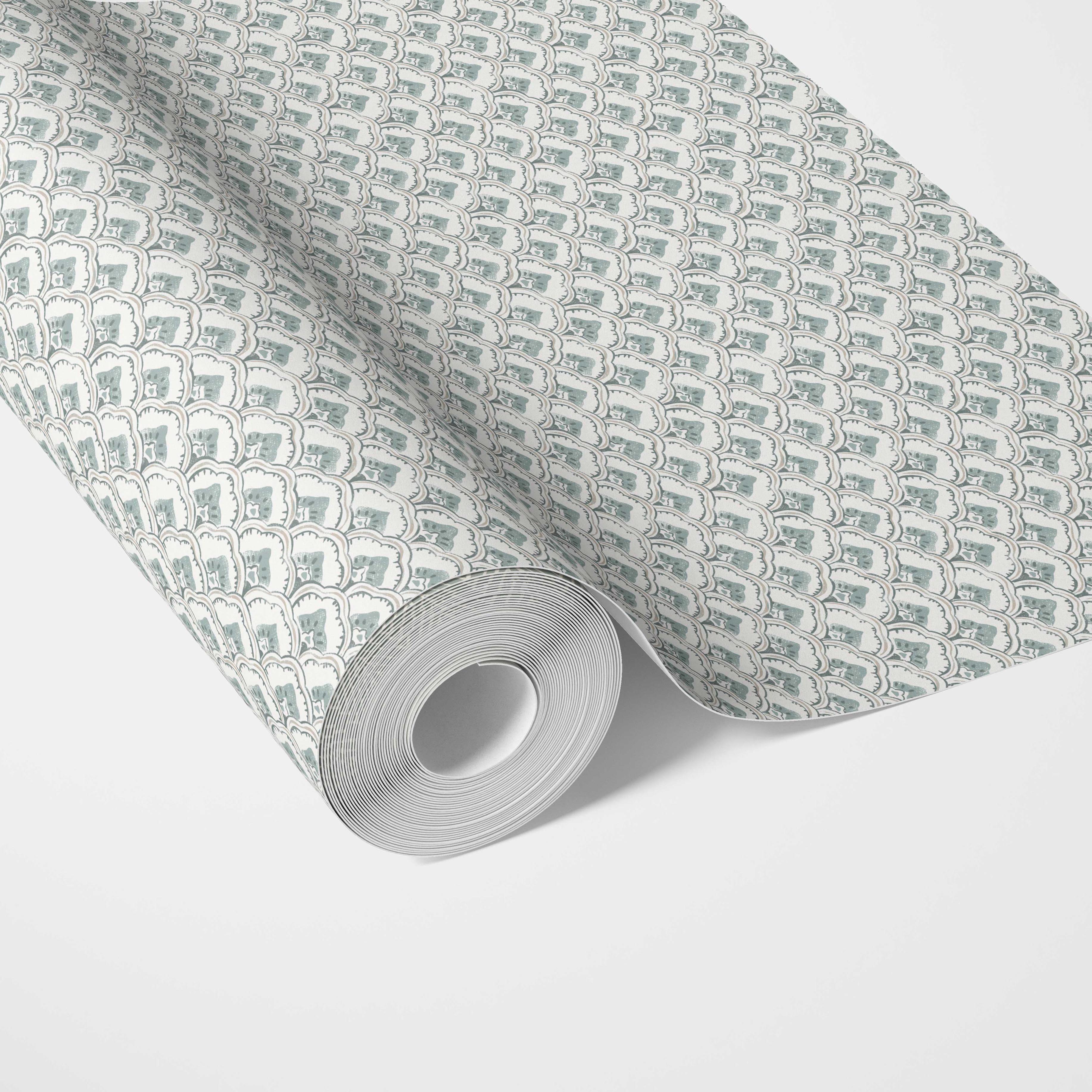 Small-Scale Floral Lattice Traditional Wallpaper (Blue-Green/ White)