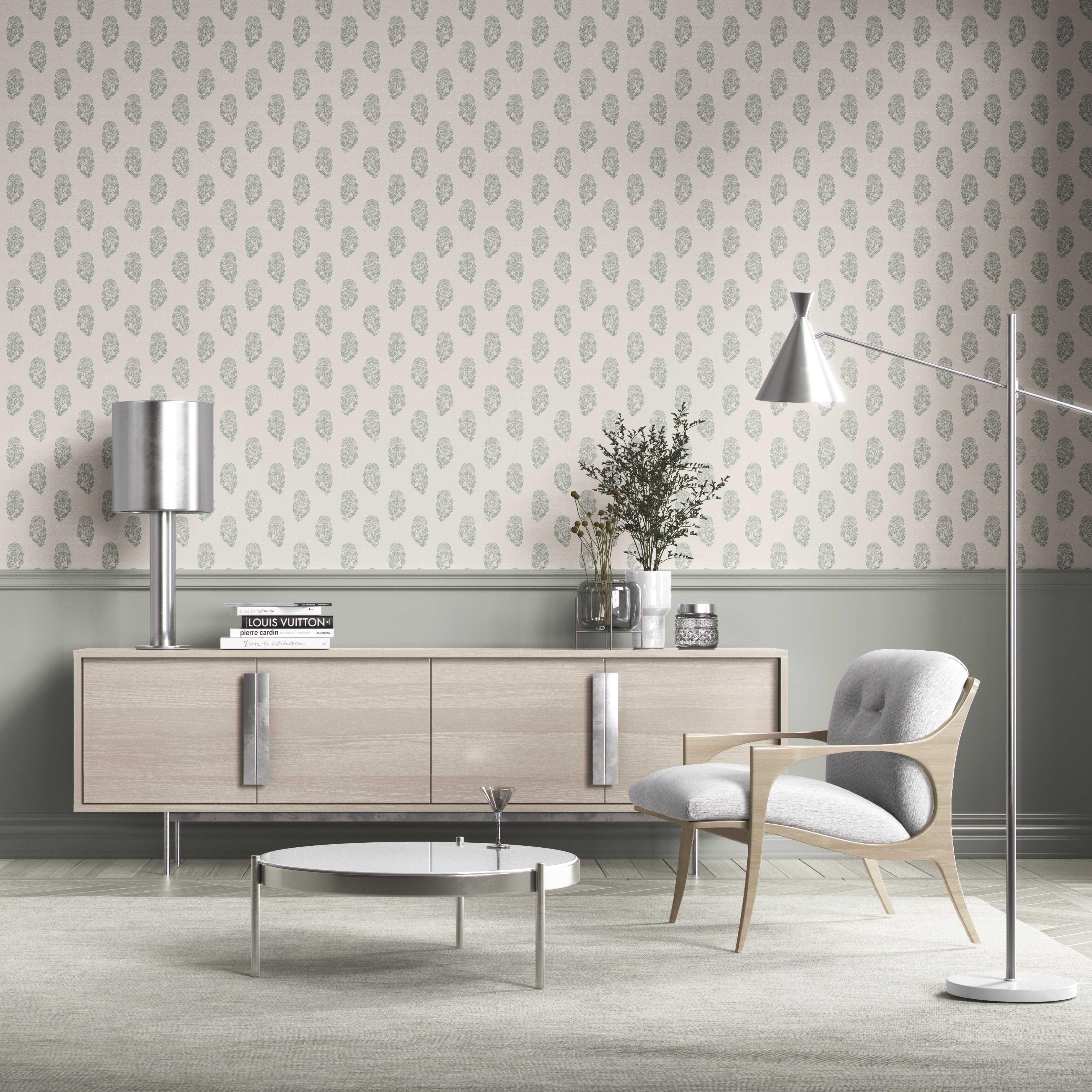 Neutral Botanical/ Floral Block Print Kitchen Wallpaper (Green-Gray/ Cream)