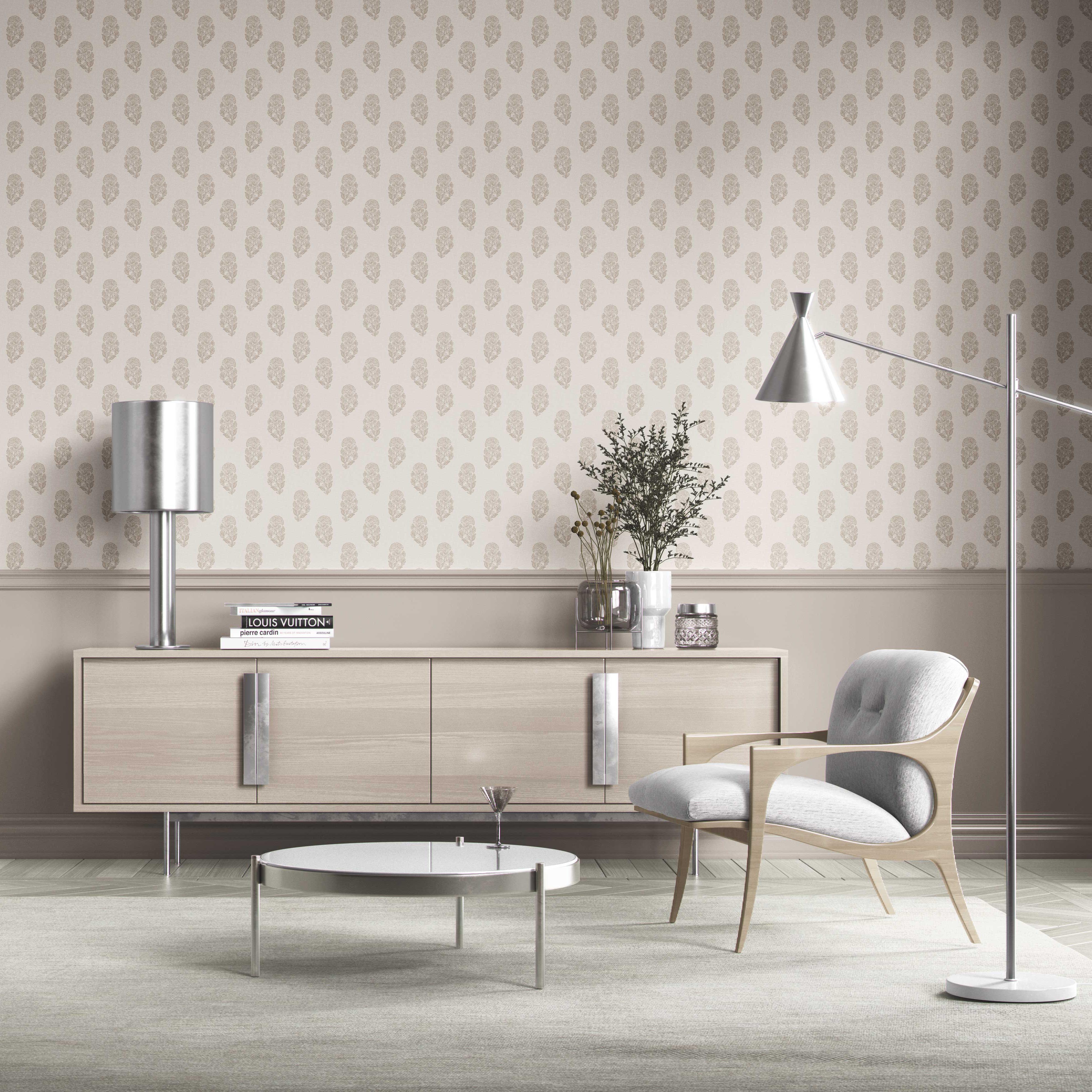 Neutral Botanical/ Floral Block Print Kitchen Wallpaper (Beige/ Greige/ Cream)