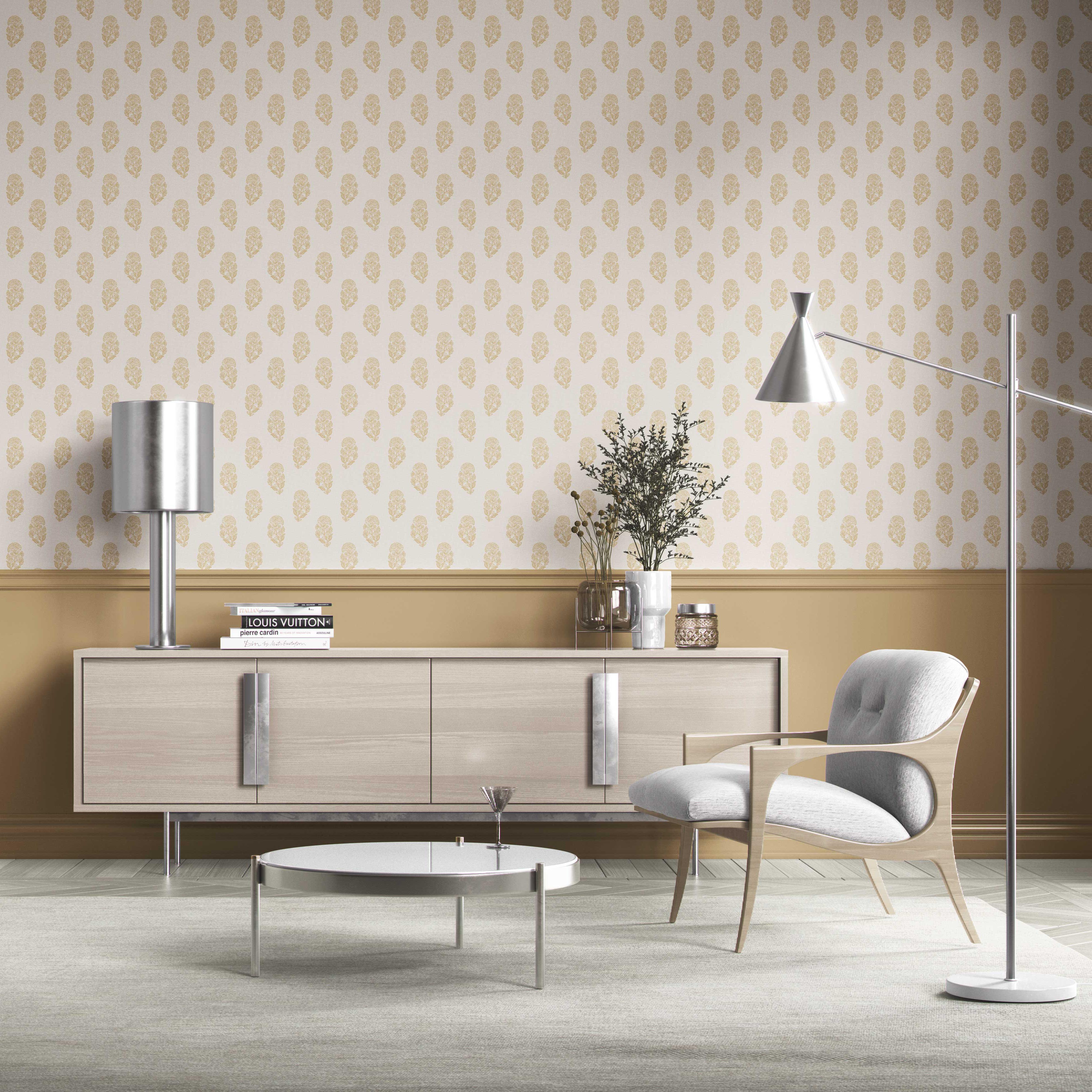 Botanical/ Floral Block Print Kitchen Wallpaper Sample (Yellow/ Cream)