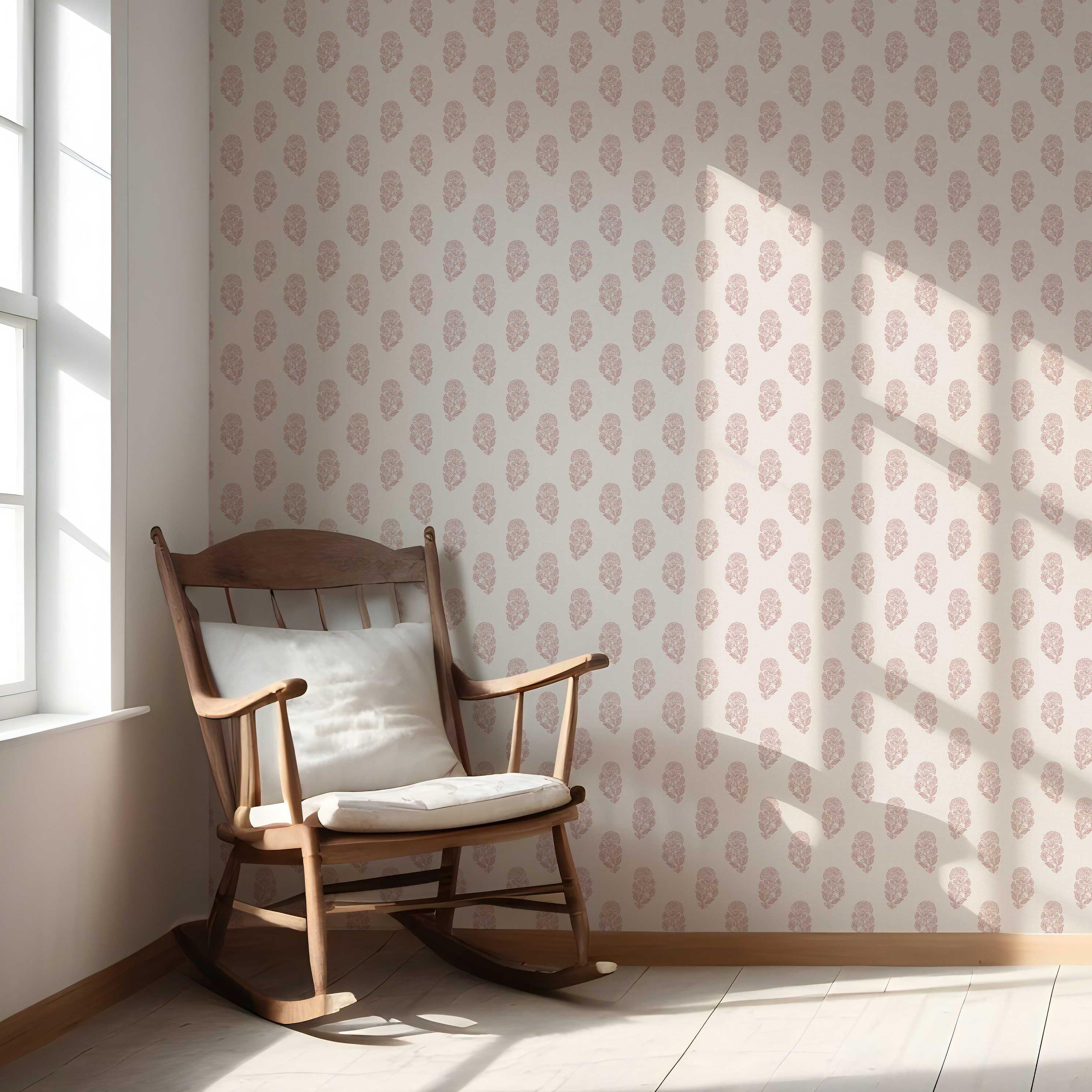 Botanical/ Floral Block Print Nursery Wallpaper Sample (Pink/ Cream)