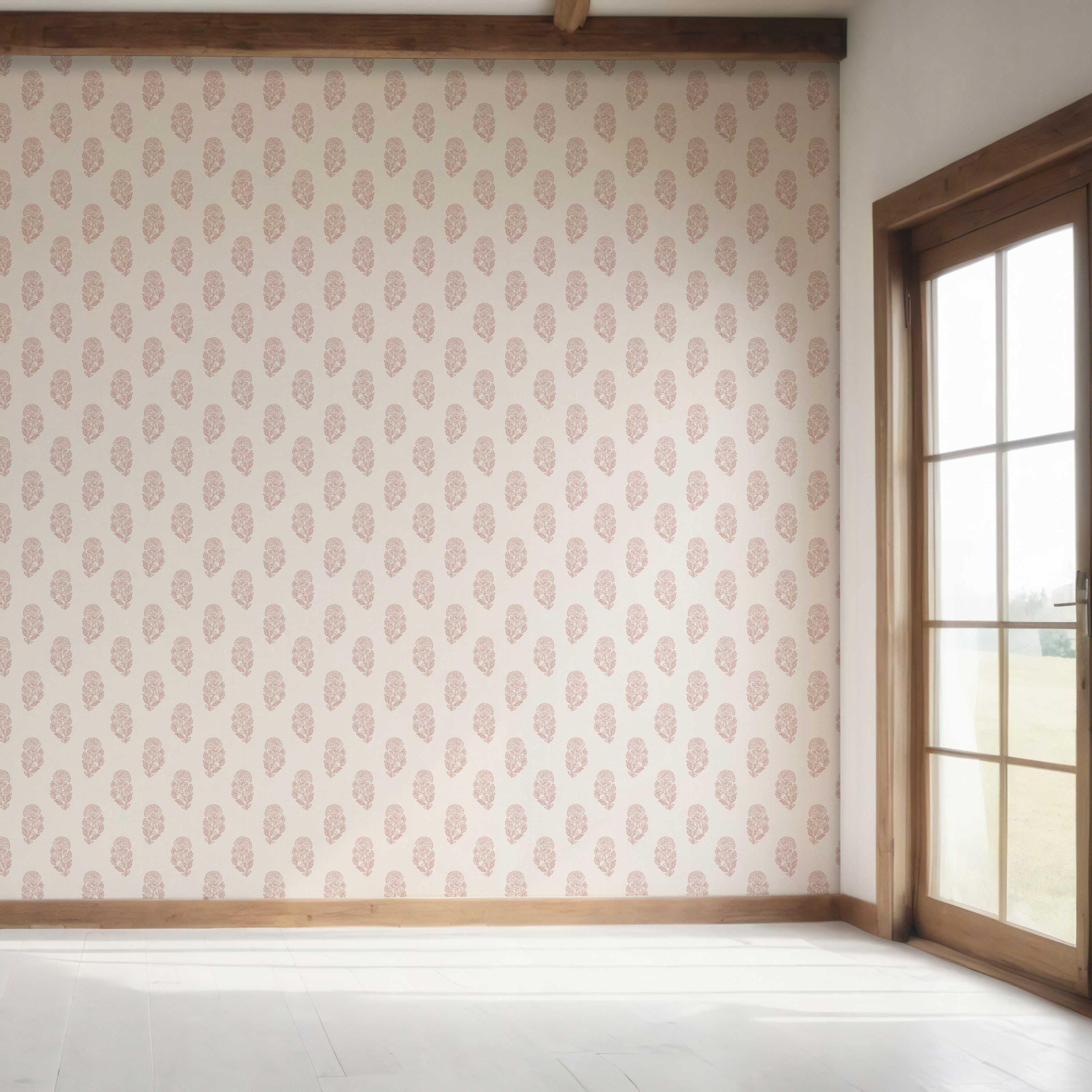 Botanical/ Floral Block Print Bedroom Wallpaper (Pink/ Cream)