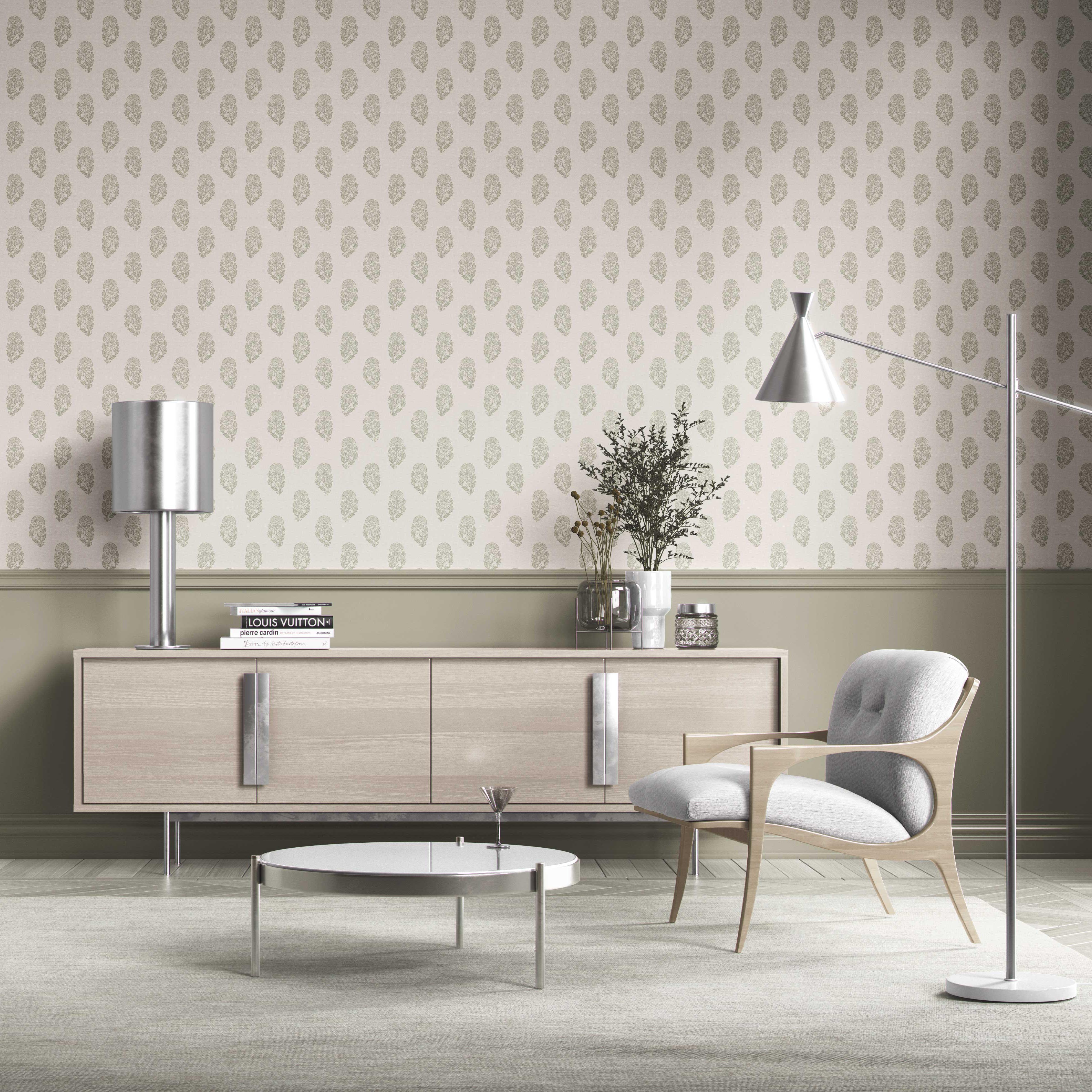 Botanical/ Floral Block Print Kitchen Wallpaper (Olive Green/ Cream)