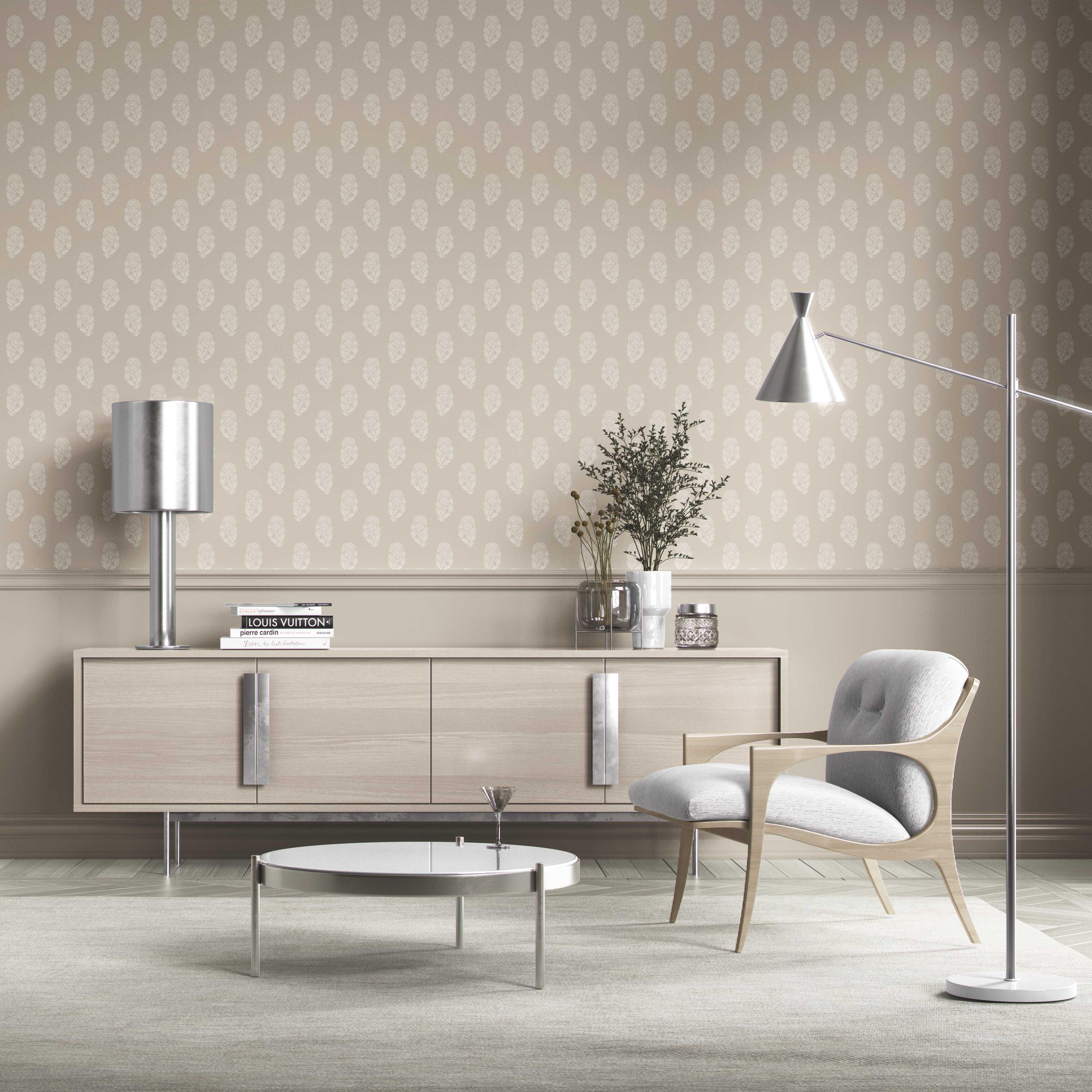 Neutral Botanical/ Floral Block Print Kitchen Wallpaper (Beige/ White)