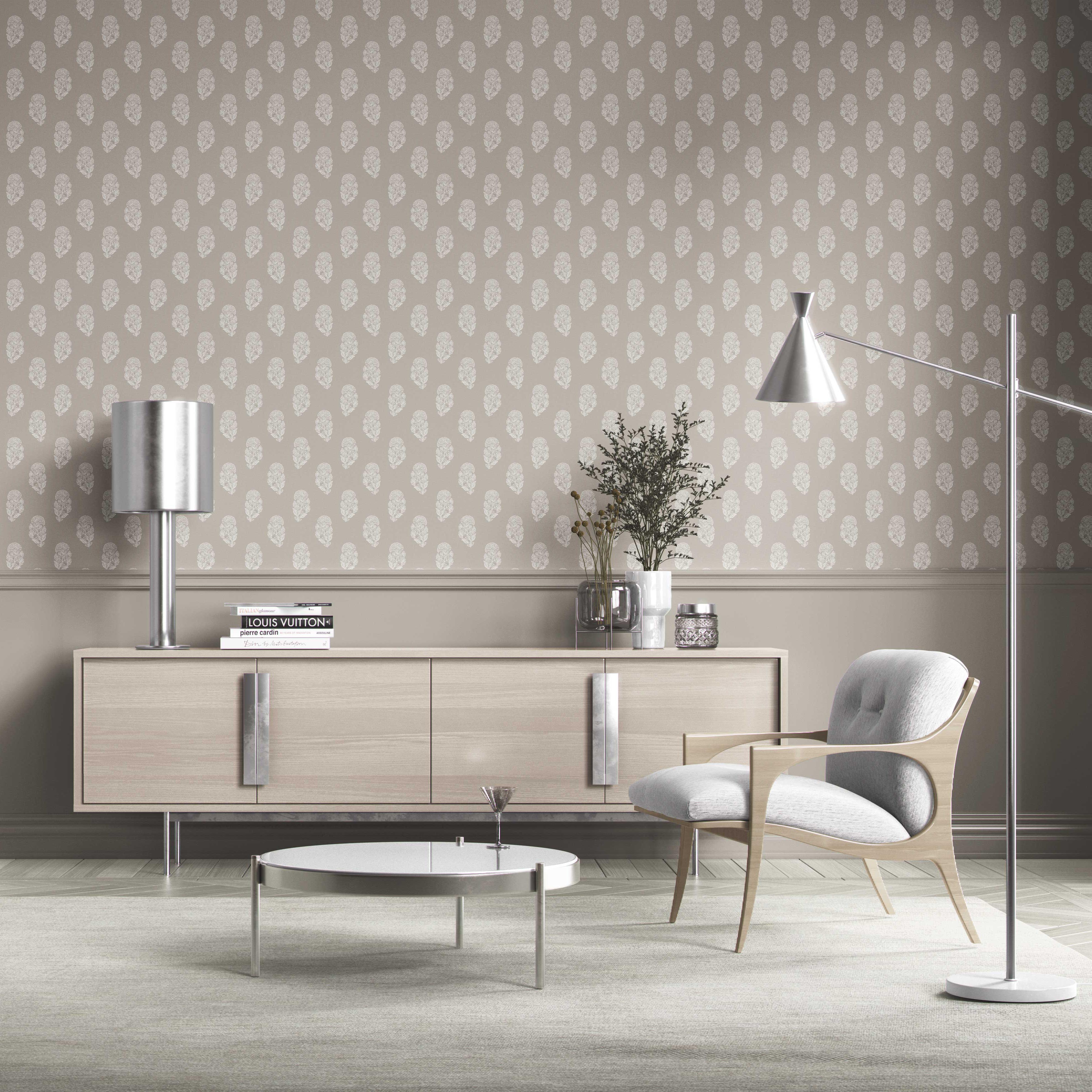 Neutral Botanical/ Floral Block Print Kitchen Wallpaper (Gray/ White)