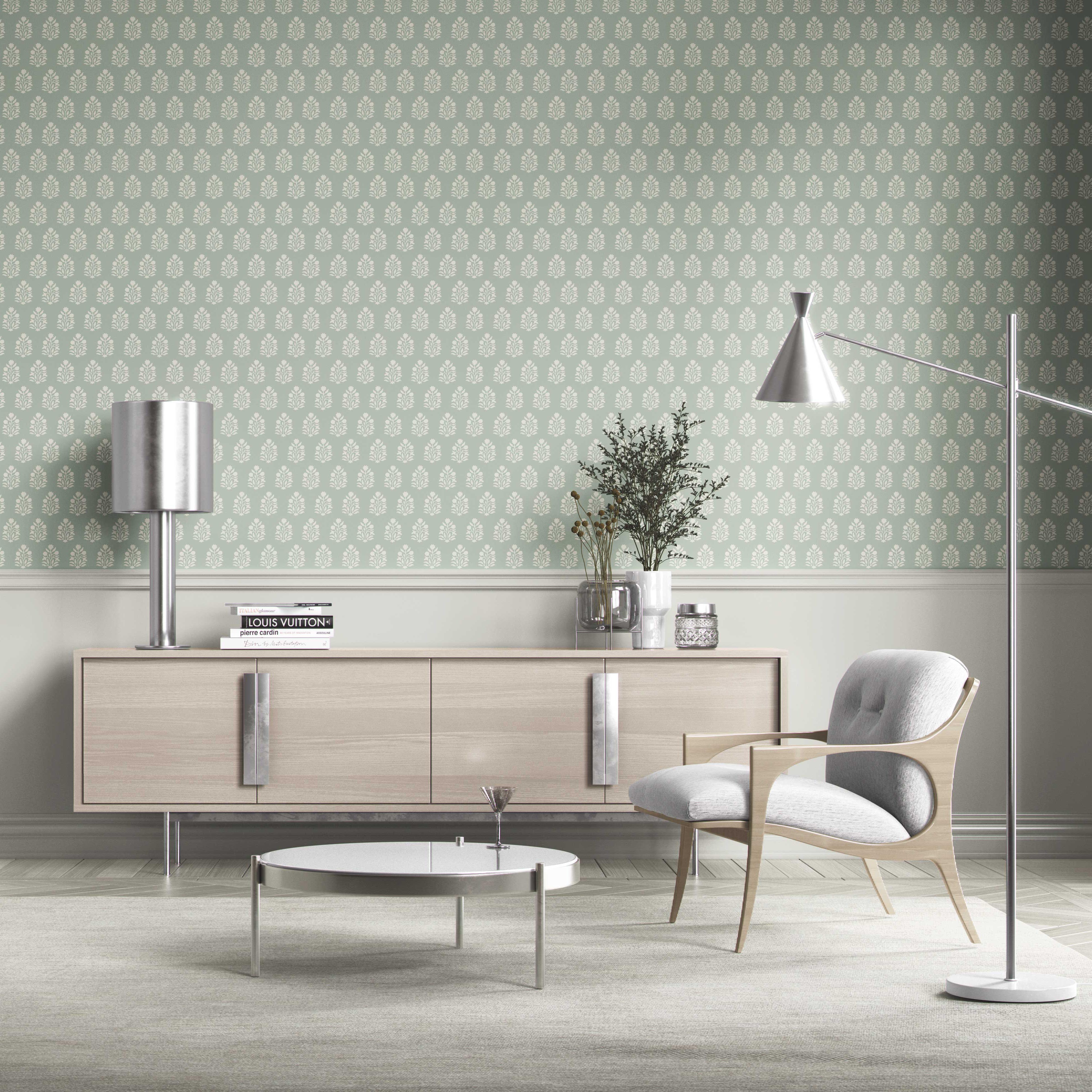 Vintage-Inspired Botanical Floral Block Print Kitchen Wallpaper Sample (Duck Egg Blue/ Cream)