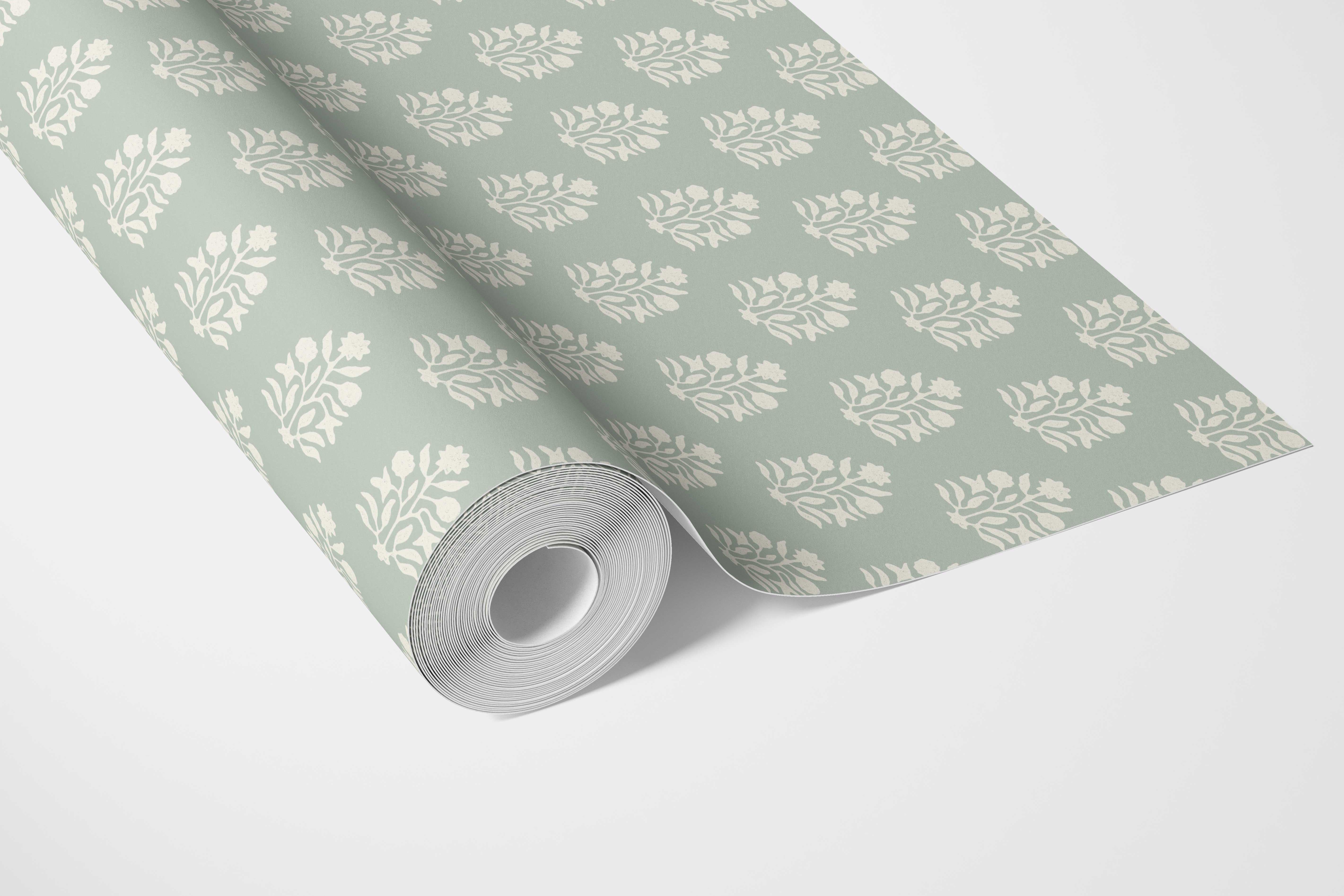 Vintage-Inspired Botanical Floral Block Print Bathroom Wallpaper Sample (Duck Egg Blue/ Cream)