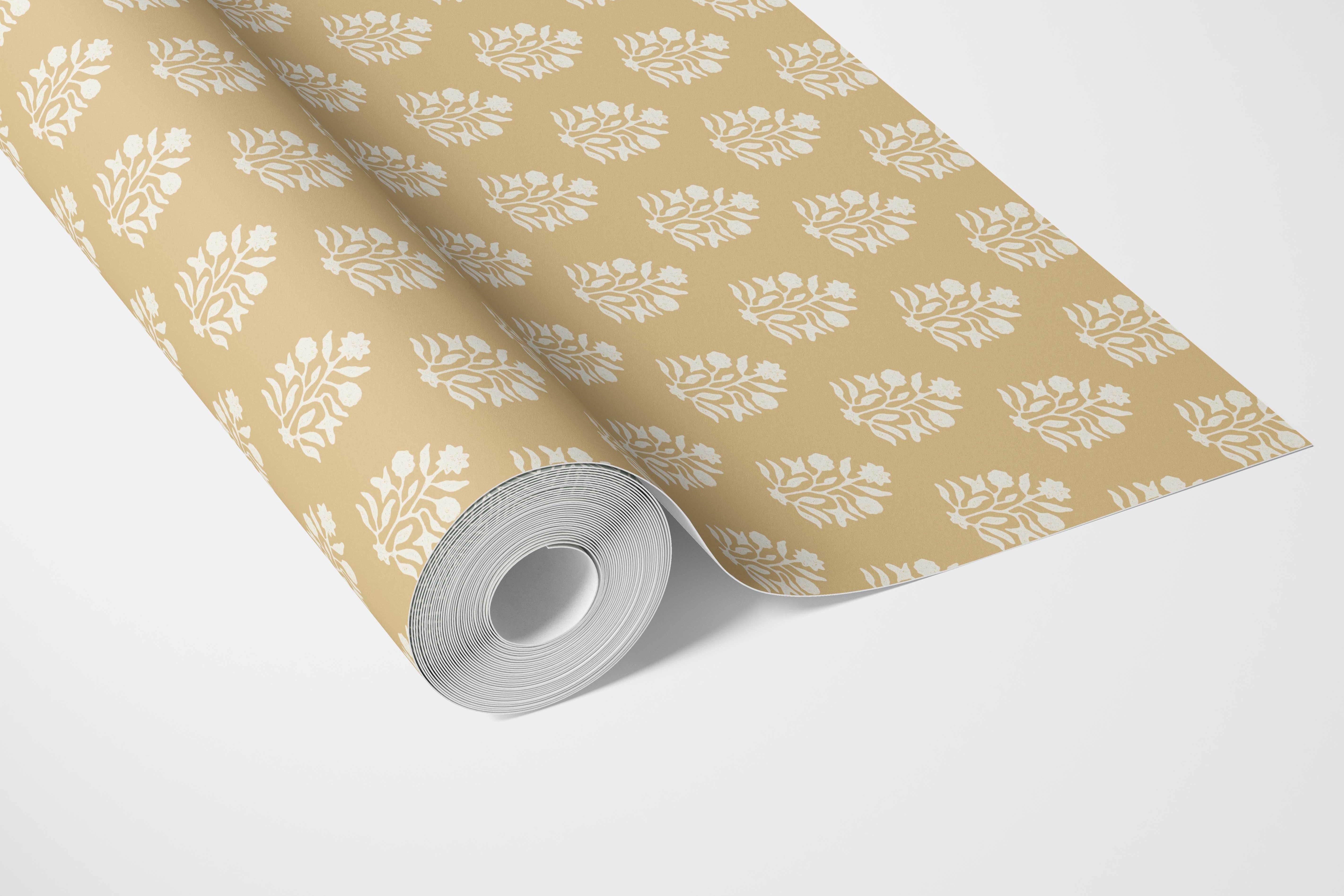 Vintage-Inspired Botanical Floral Block Print Bathroom Wallpaper (Yellow/ Cream)