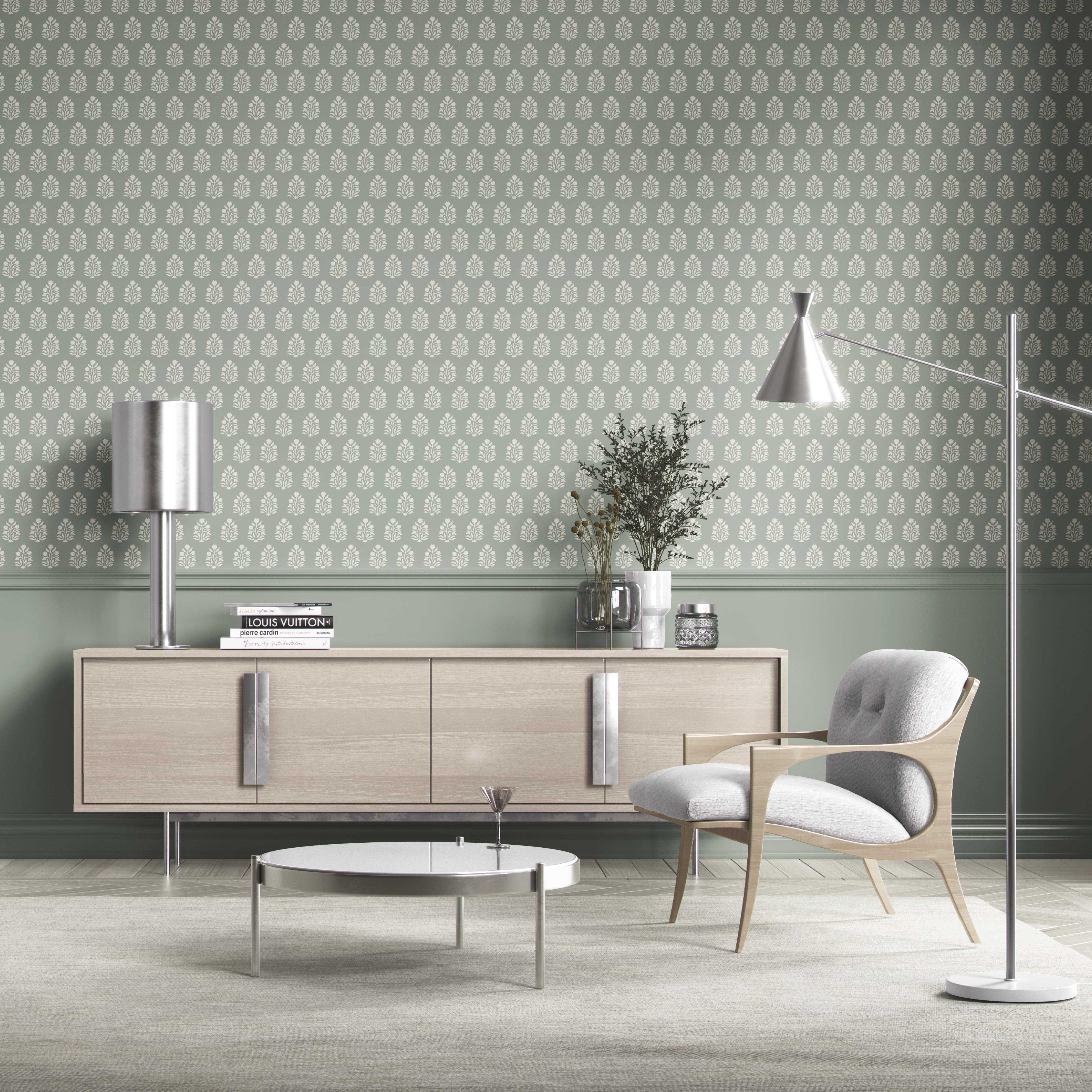 Vintage-Inspired Botanical Floral Block Print Kitchen Wallpaper (Green-Gray/ Cream)