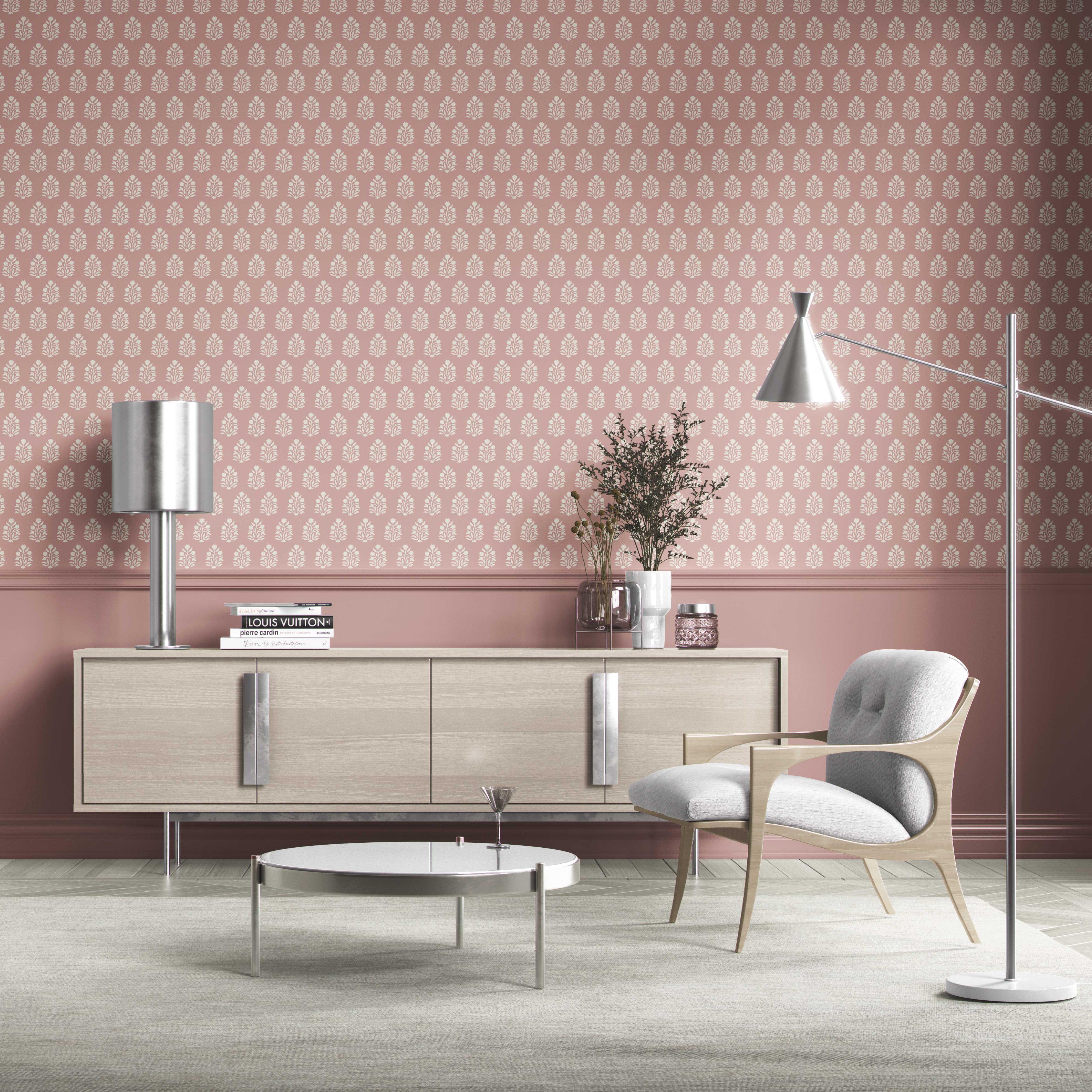 Vintage-Inspired Botanical Floral Block Print Kitchen Wallpaper Sample (Pink/ Cream)