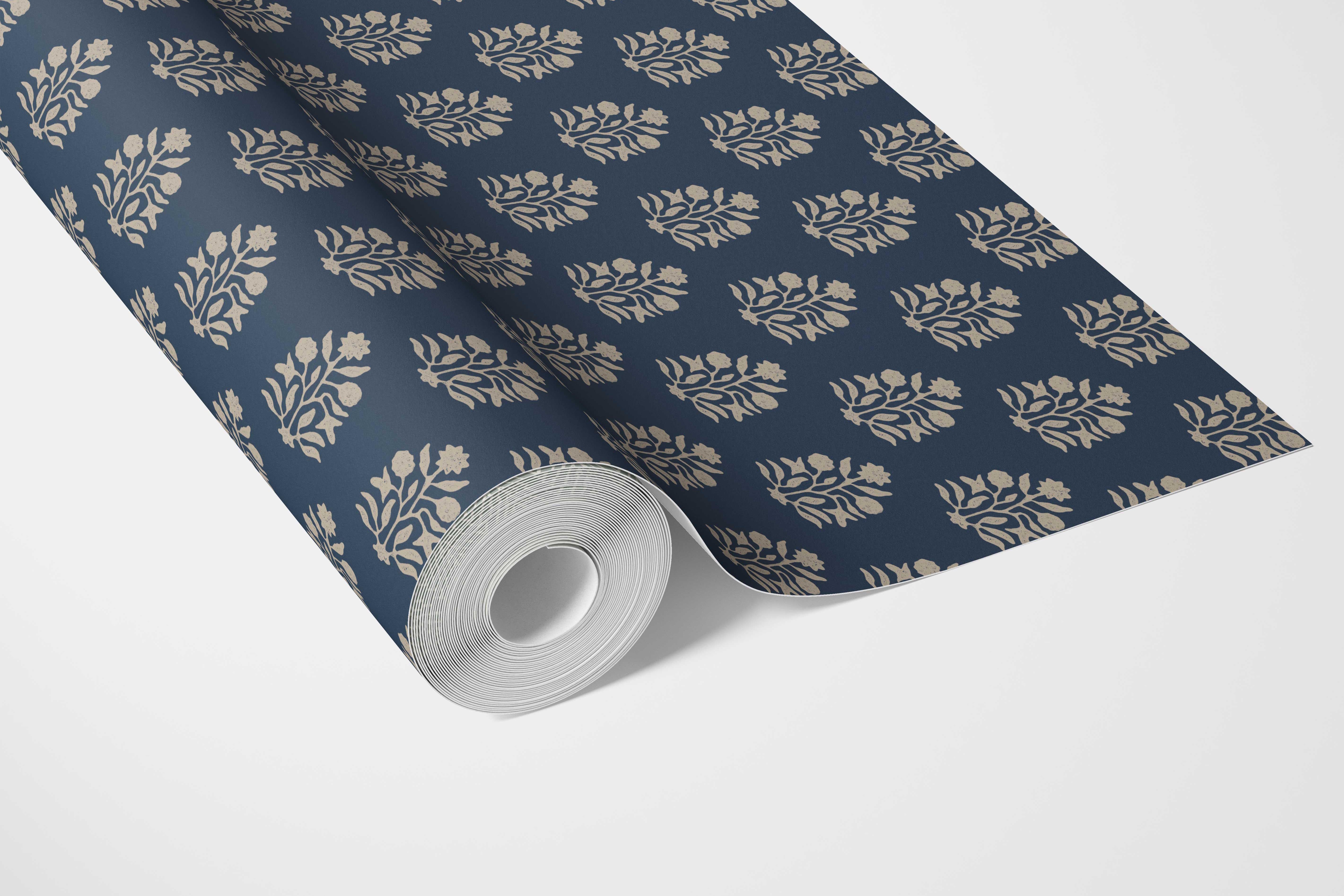 Vintage-Inspired Botanical Floral Block Print Bathroom Wallpaper Sample (Navy Blue/ Beige)